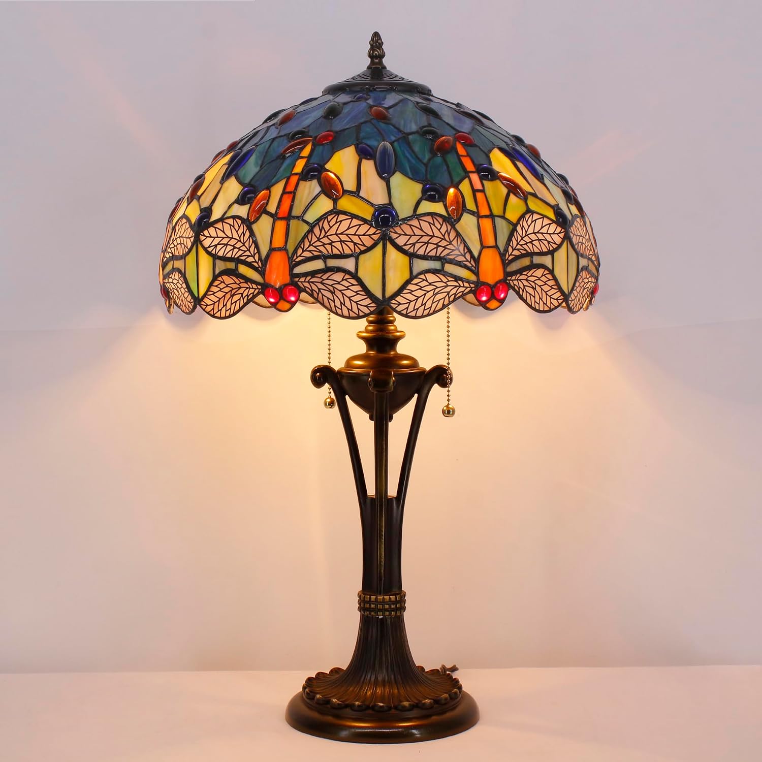 Tiffany Table Lamp Blue Yellow Stained Glass Desk Lamp 16X16X24 Inches Dragonfly Style Reading Light