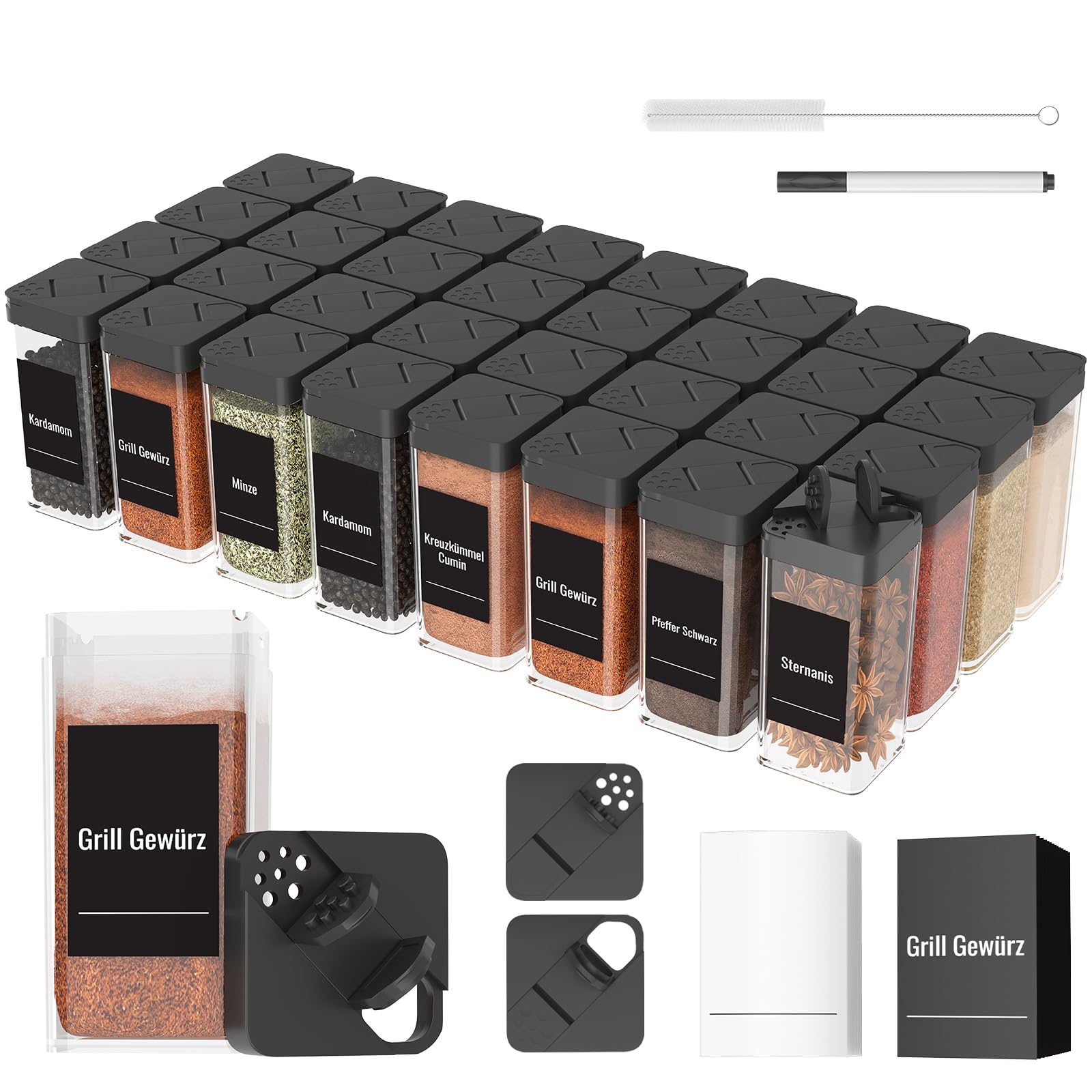 Homhut Gewürzgläser Eckig Set Mit Deckel [32x 120ml], Stabiler Plastik Gewürzstreuer Luftdichte, Gewürzdosen Mit Streueinsatz, Spice Jars Mit 120 Etiketten, Gewürz Organizer Schwarz