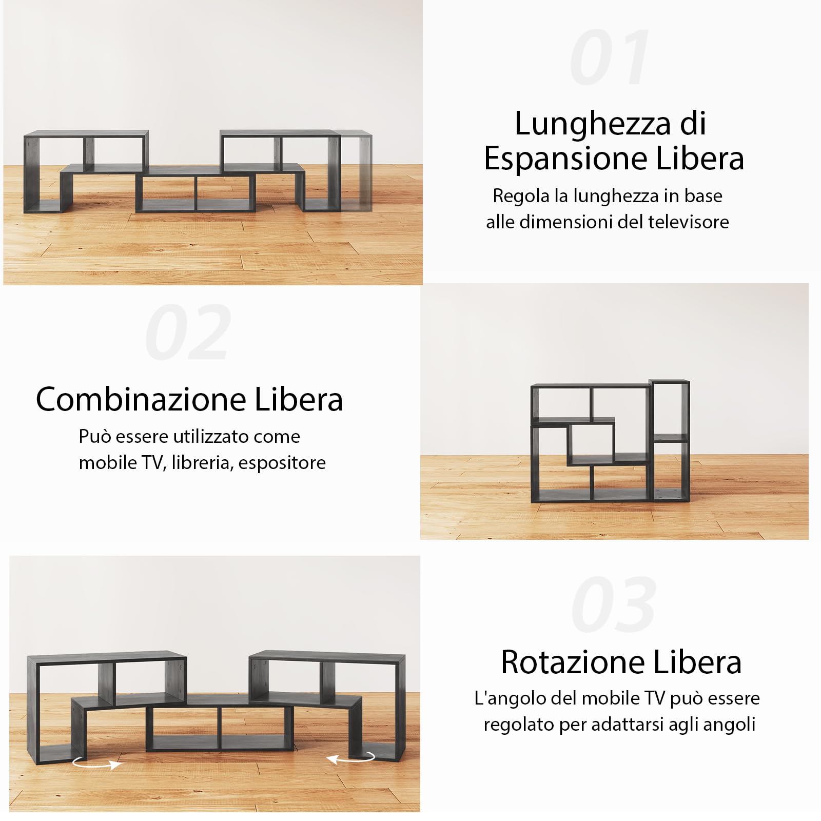 COSTWAY Mobile Porta TV Combinabile con Ripiani Aperti, per TV Fino a 65 Pollici, Mobile TV di Legno per Camera da Letto, Soggiorno, Capacità di Carico Massima 80 kg, 134-180 x 30 x 43 cm (Grigio)