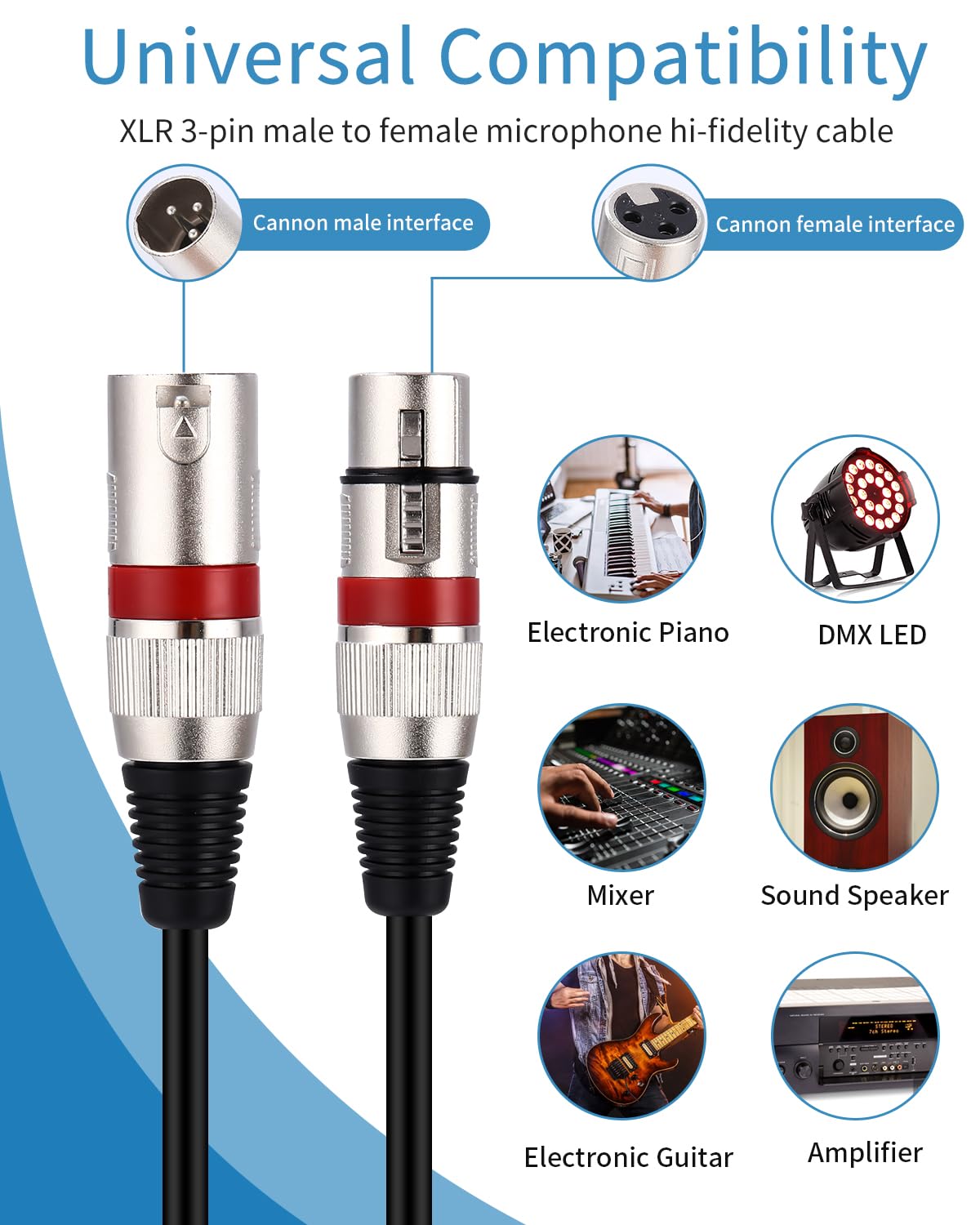 Xespis 6 Pack Câble XLR DMX 5M, 3 Broches Mâle Femelle, Connecteur Audio 3 Pins Pour Microphone et Contrôleur