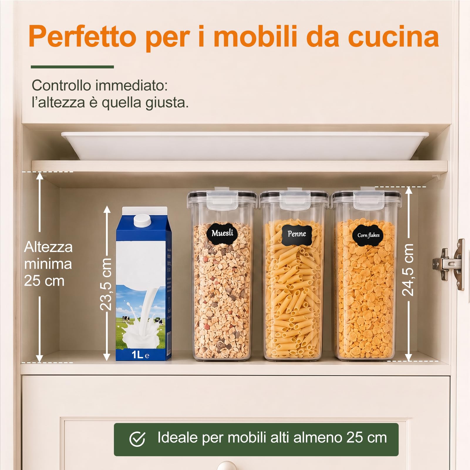 GoMaihe Contenitori Ermetici per Alimenti, 6 x 4 L, Muesli e Cereali | Una Confezione intera per Contenitore: ca. 750 g di Muesli o Cornflakes, 1,5 kg di Fiocchi d’avena, 2 kg Farina; Senza BPA