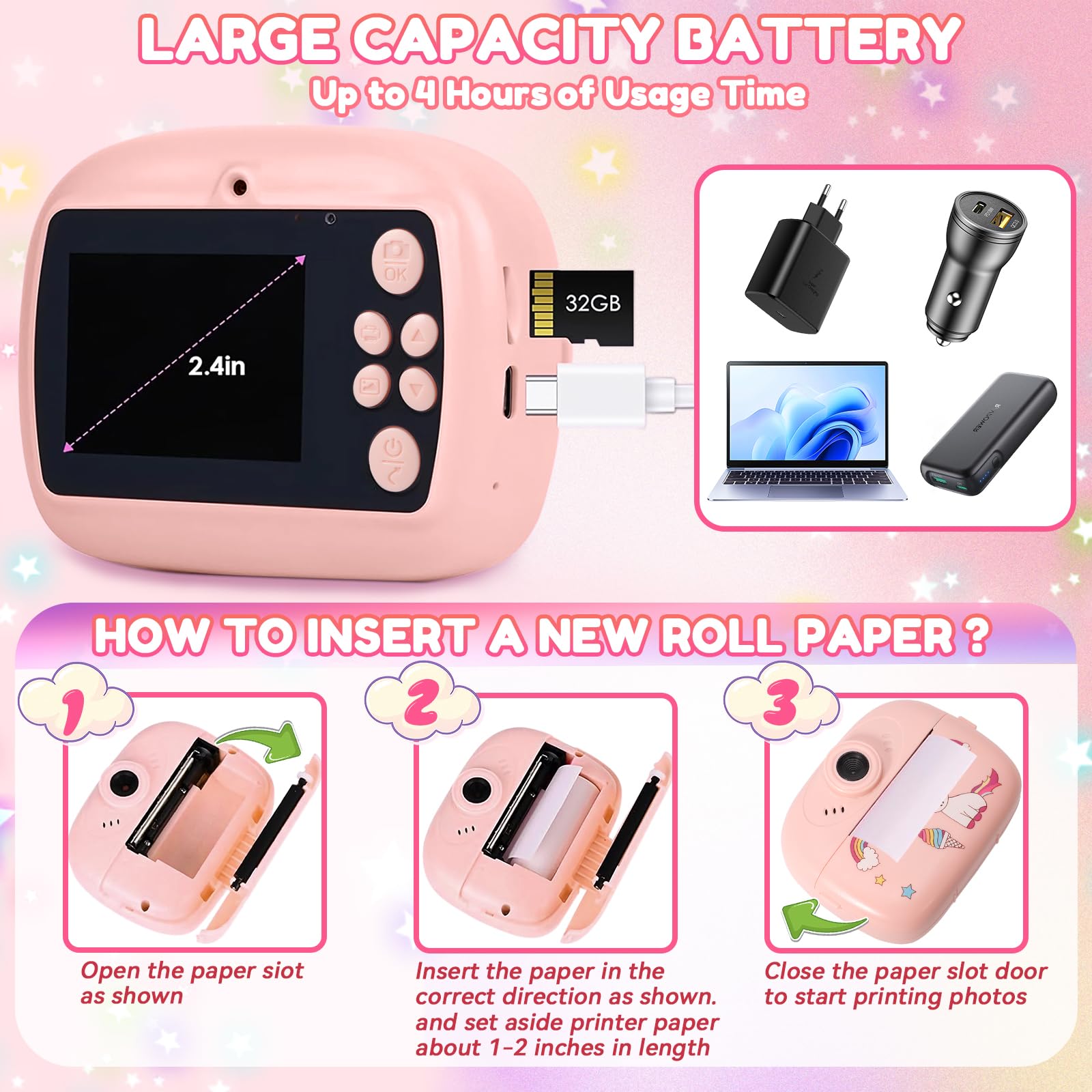 Camara Fotos Infantil Instantanea, 2,4 Pulgada Cámara Instantánea Niños, 1080P Cámara de Fotos Infantil con Tarjeta de 32 GB y Papel de Impresión, Regalo para Ninos de 3 a 12 Anos