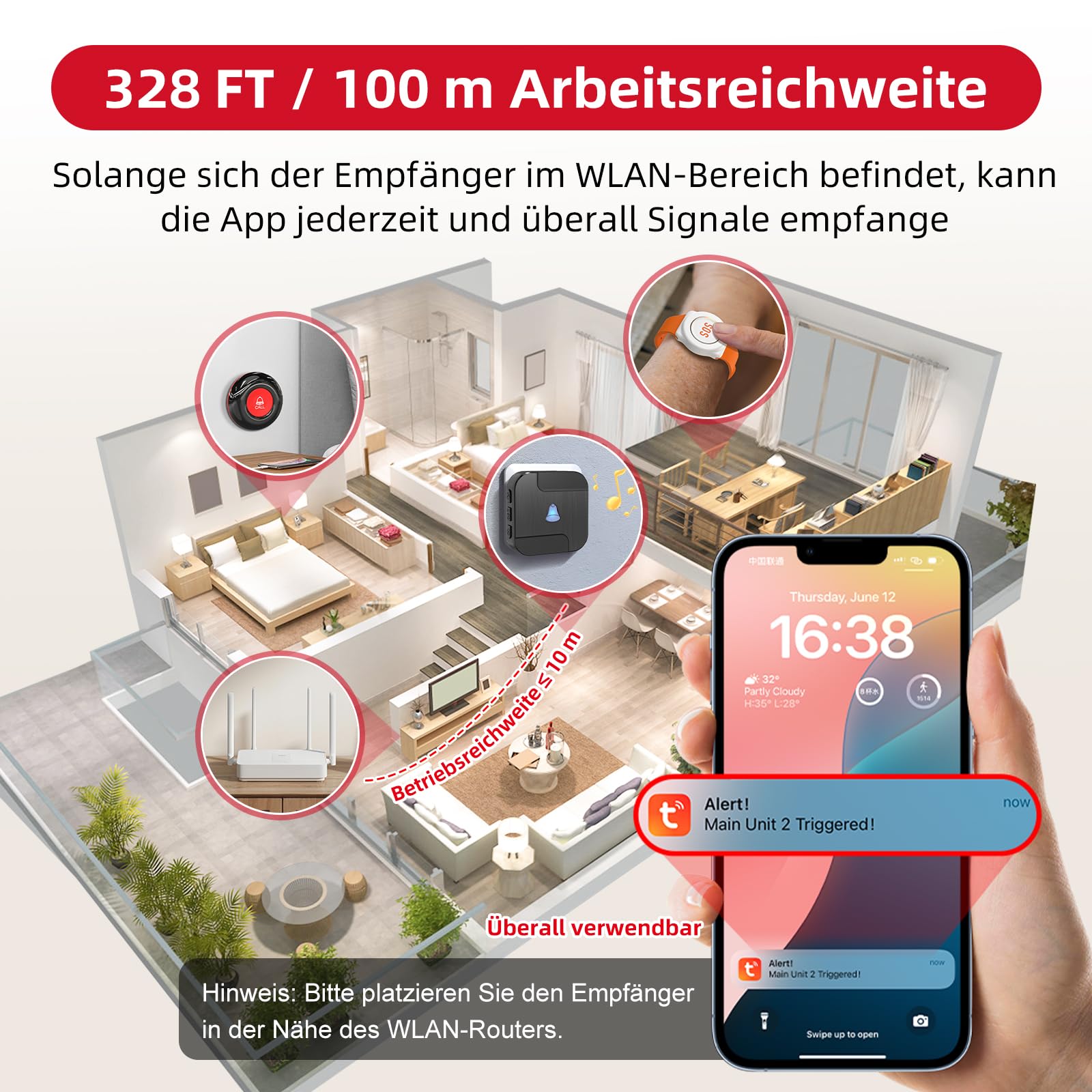 CallToU WiFi Tuya Smart Notfallknopf für Senioren,tragbares Notfallarmband Notrufknopf für Senioren,Hausnotruf mit 1 Notfallknopf,1 Armband,1 Empfänger für Senioren,Behinderte,Kinder
