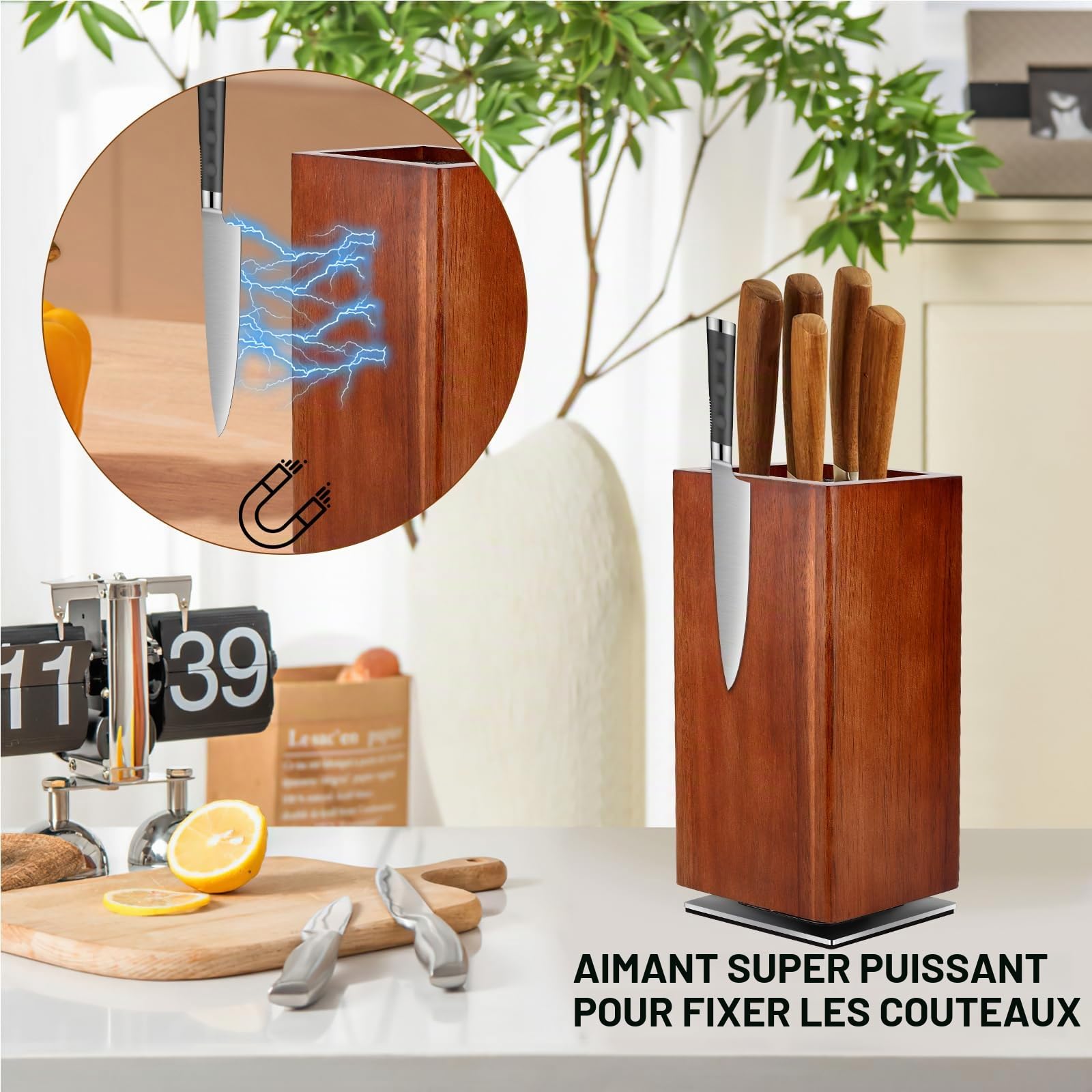 Gowkeey Bloc Couteau Cuisine, Range Couteaux Cuisine, Porte Couteau, Blocs Couteaux Vides, Support Couteau Cuisine Bois, Bloc à Couteaux Magnétique, Rangement Poils, Universel, 25x12x12 cm, Nature