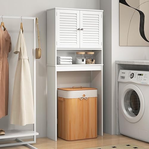 Miniatura 3 de Giantex Armario de almacenamiento sobre el inodoro, organizador de baño de 3 niveles con 2 puertas con rejillas, estante ajustable, independiente