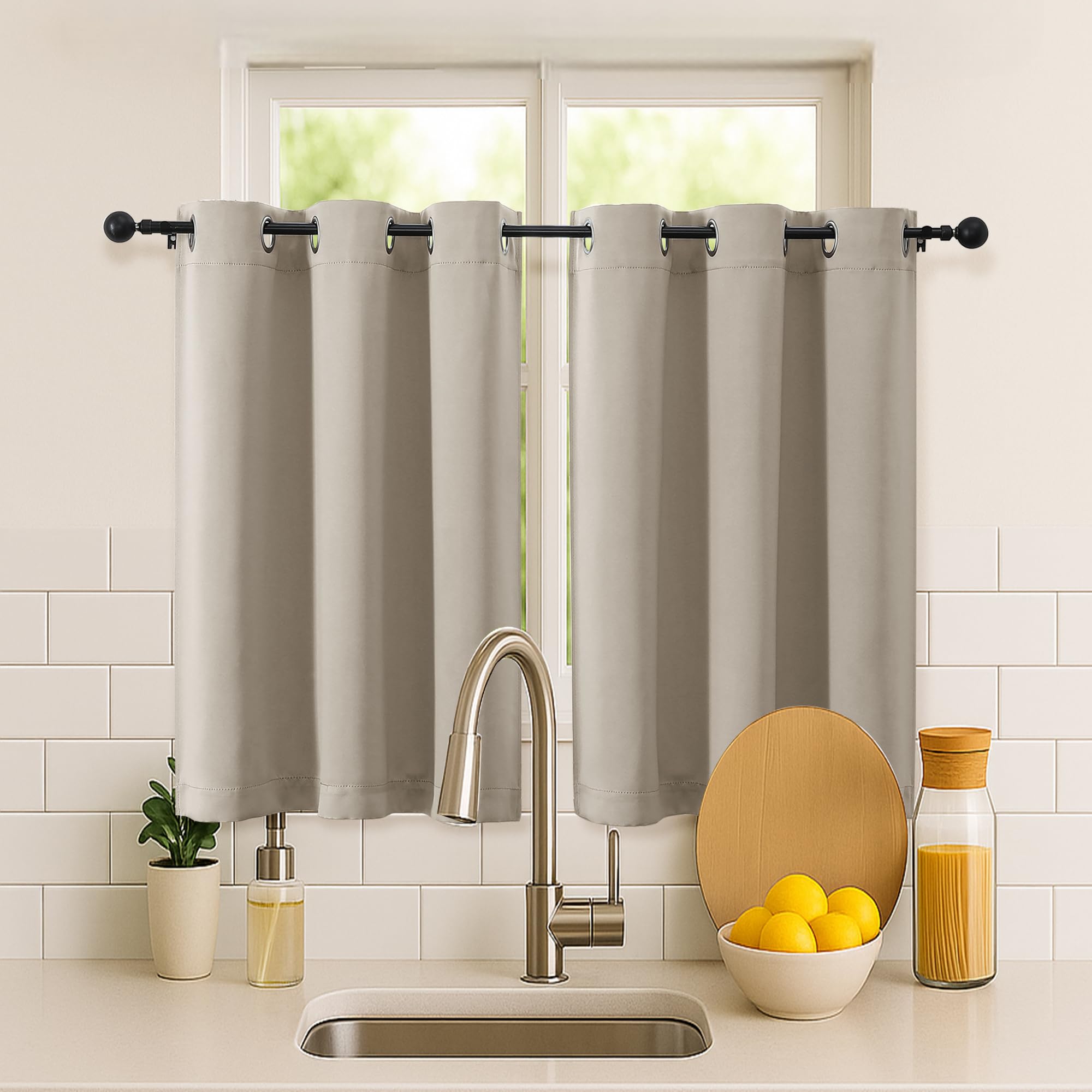 Simplebrand Stone Short Cafe Curtains 36 Inch Length 2 Panels Set, Half Window Grommet Privacy Drape Tiers for Kitchen, Thermal Insulated Room Darkening Curtains for Bathroom Shades, W40 x L36