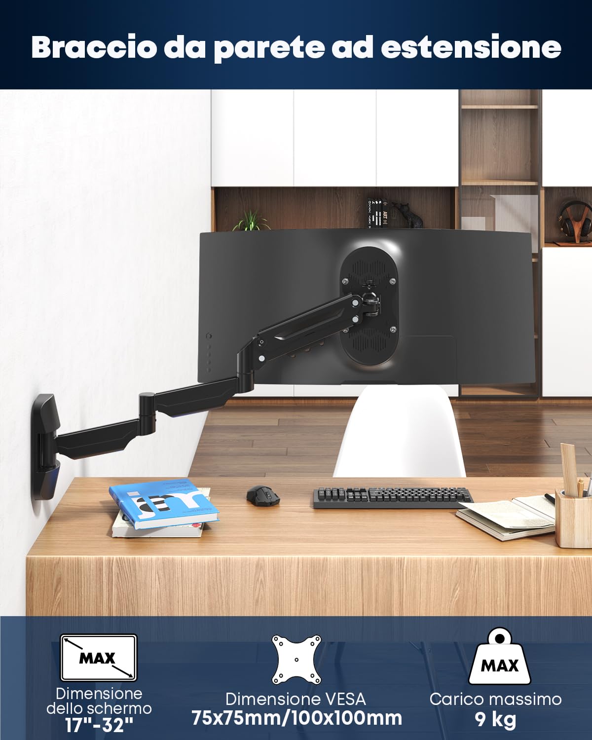 Supporto a muro per monitor con molla a gas 17–32" – Braccio extra lungo 76,9 cm, orientabile e regolabile in altezza, VESA 75/100, fino a 9 kg
