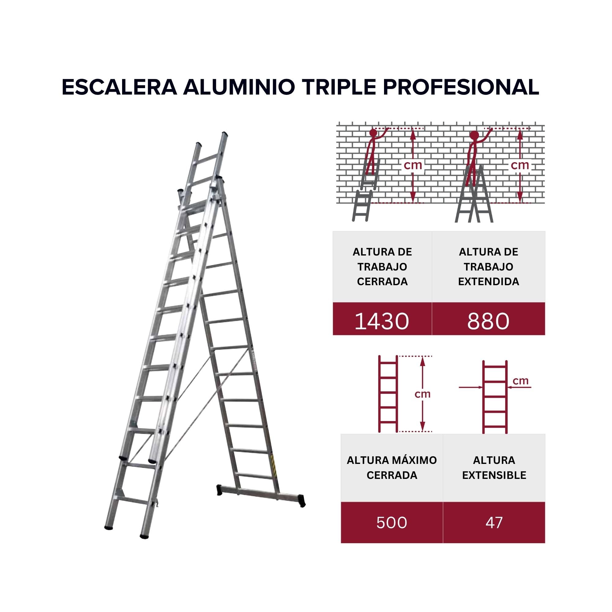 Homelux Escalera Triple Profesional de Aluminio 3x19 Peldaños Extensible Multiposición