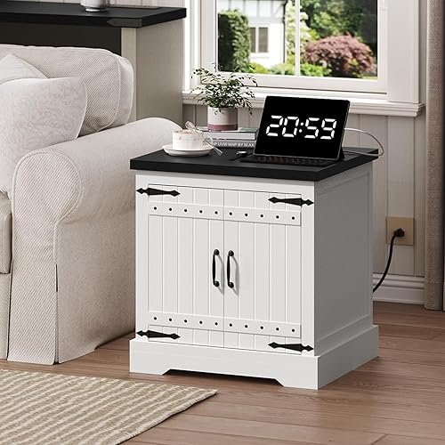 Mesa auxiliar de granja con estación de carga, mesa auxiliar grande de sofá de 24 pulgadas, puerta de granero y estante de almacenamiento ajustable,