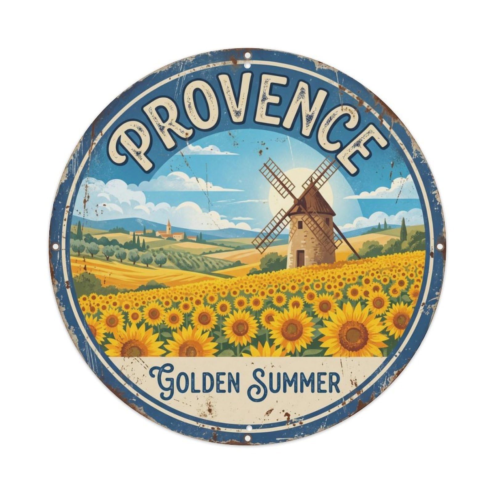 Vintage Travel Sunflower Provence France Metal Tin Sign Plaque Wall Decor for Cafe, Club, Garden Round Metal Poster 8x8Inch