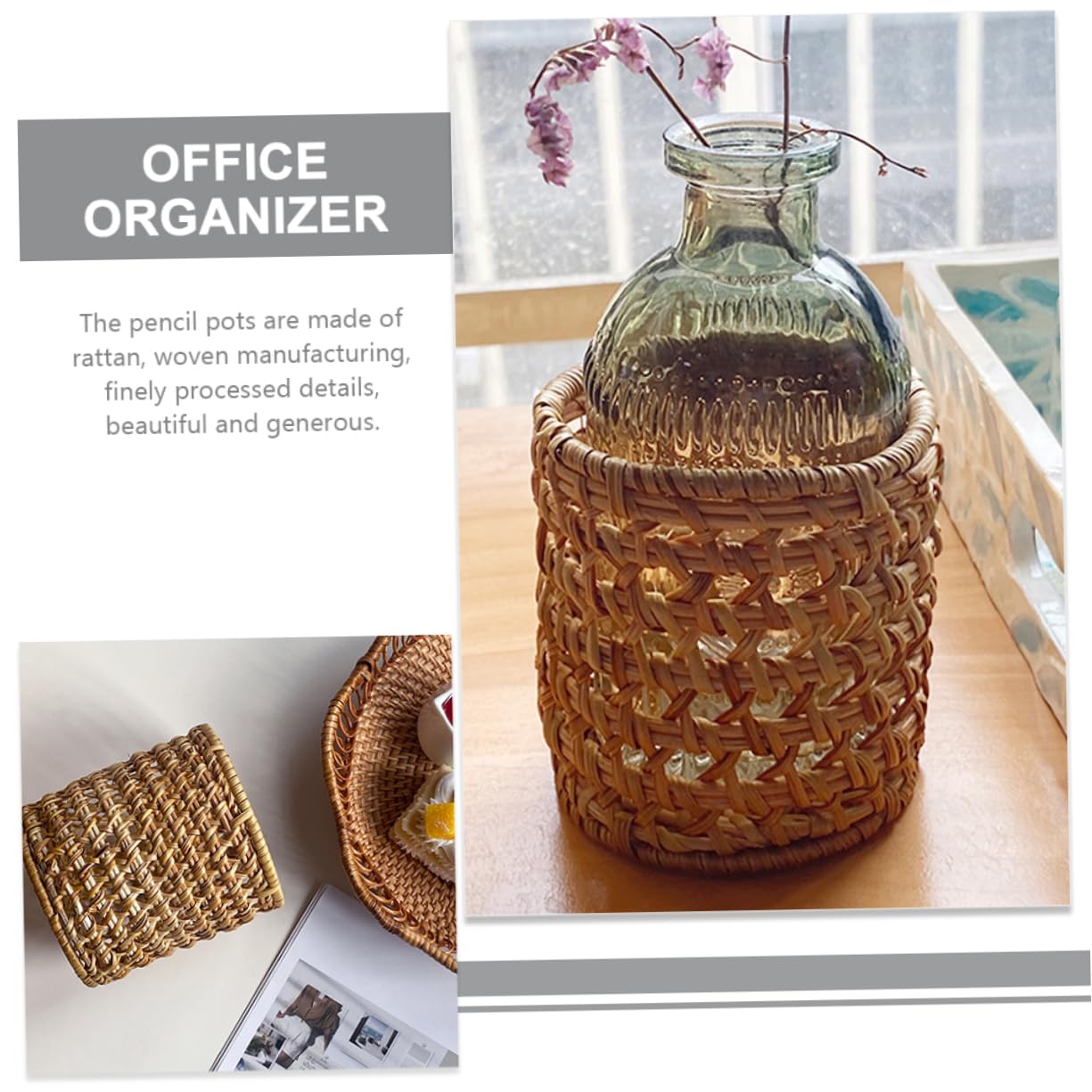 Uonlytech Porte-pinceaux Cosmétiques en Rotin Tissé Robuste, Organisateur Multifonction Élégant pour Bureau et Coiffeuse, Pot à Pinceaux de Maquillage Pratique