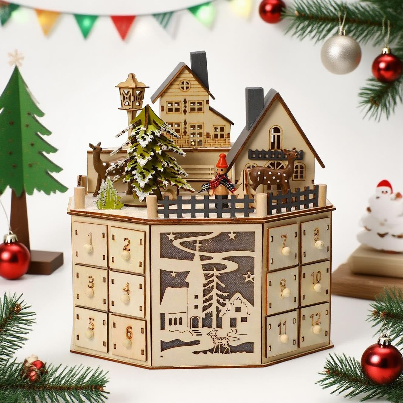 Adventskalender aus Holz, Weihnachts-Adventskalender mit Musik, elegante Weihnachtsdekoration – ein unvergessliches Geschenk für Büros und Häuser (gelb)