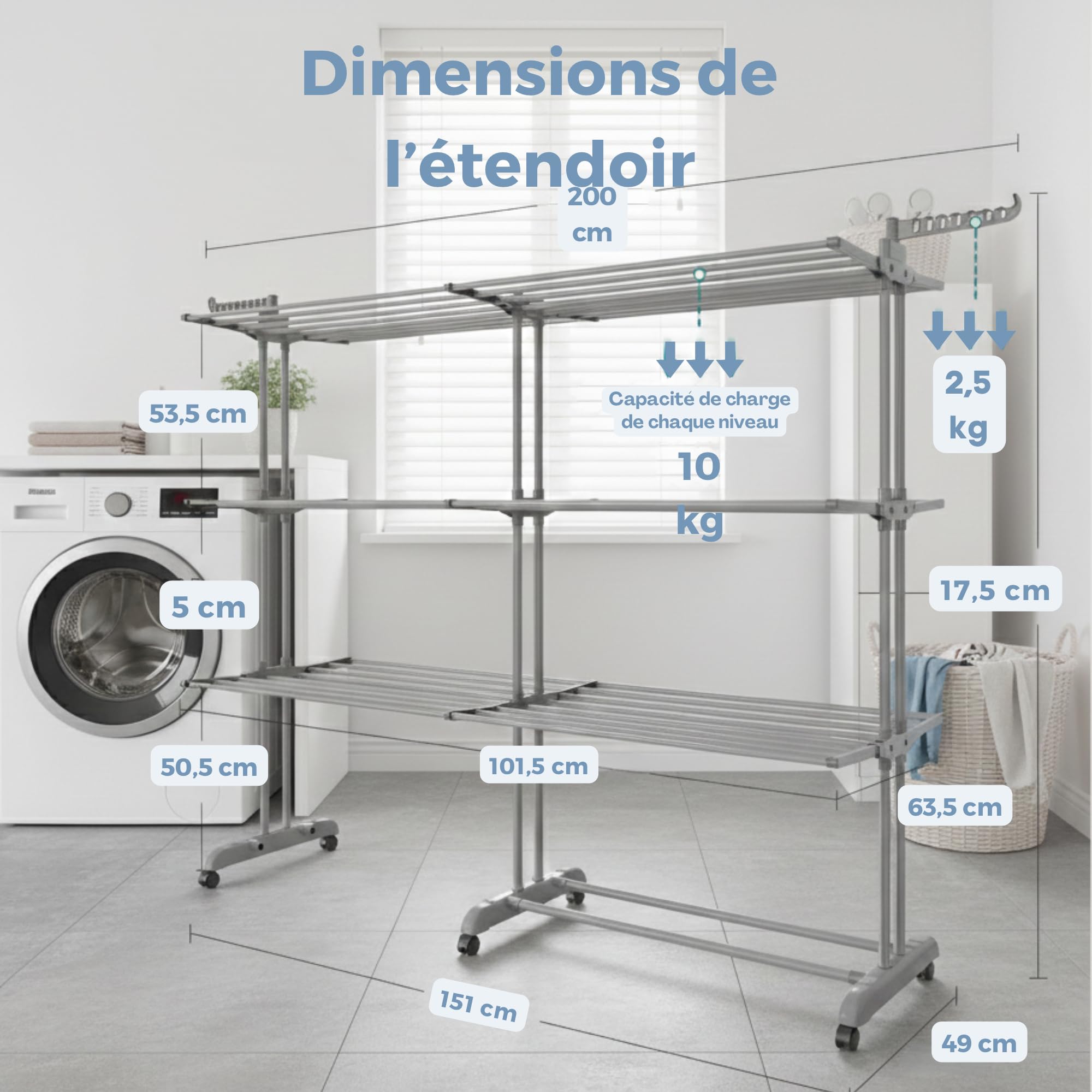 MELTA. Étendoir à Linge 4 Niveaux Extensible avec roulettes – Séchoir Pliable Grande Capacité 35 kg – Mobile, Verrouillable, pour Intérieur & Extérieur – Acier Renforcé – Gris