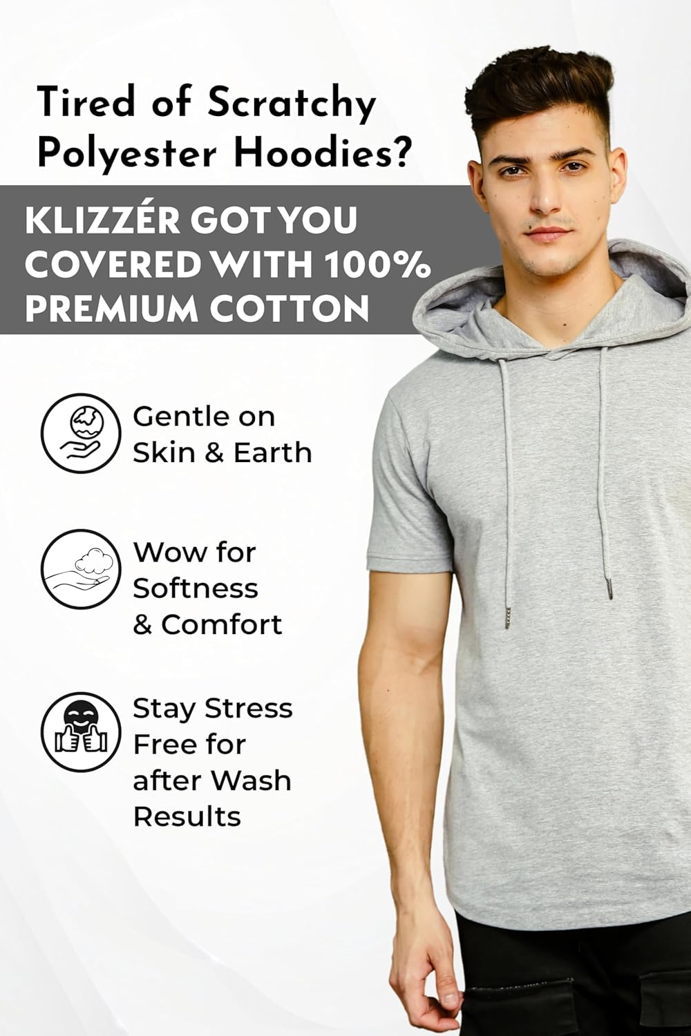 Klizzer Short Sleeve Hoodie for Men, 100% Cotton, Lightweight Gym Hoodies for Workout, Muscle-Fit Athletic Hooded T Shirt - Image 5