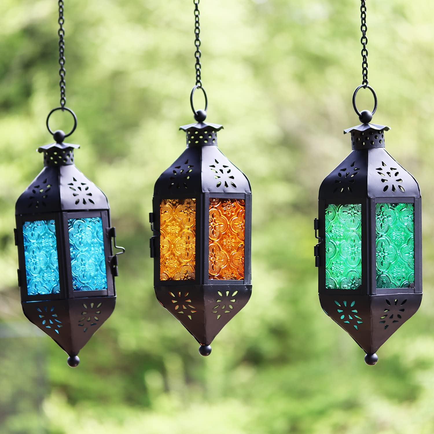 Vela Lanterns Decorative Hanging Candle Lantern Holders, Blue/Amber/Green, Set of 3
