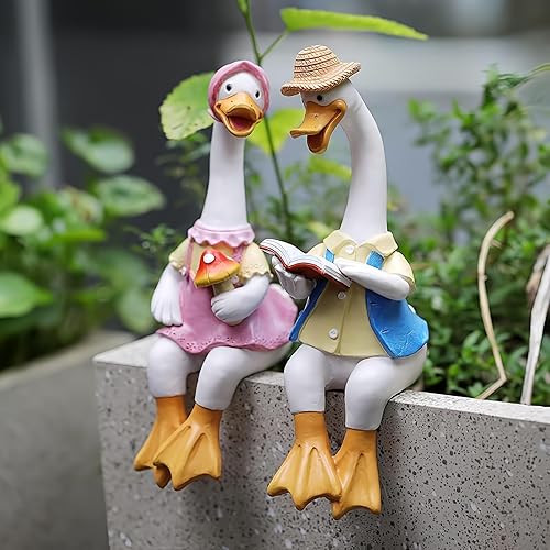 2 piezas de estatuas de jardín de pato para parejas sentadas, decoración de valla al aire libre, linda figura de patos de resina, divertida