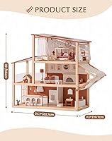 Vista 3 de ROBOTIME Casa de muñecas de madera, casa de muñecas para niñas, casa de muñecas de estilo bohemio de 3 pisos con muebles y toldo de 37 piezas, casa