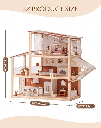 Miniatura 3 de ROBOTIME Casa de muñecas de madera, casa de muñecas para niñas, casa de muñecas de estilo bohemio de 3 pisos con muebles y toldo de 37 piezas, casa