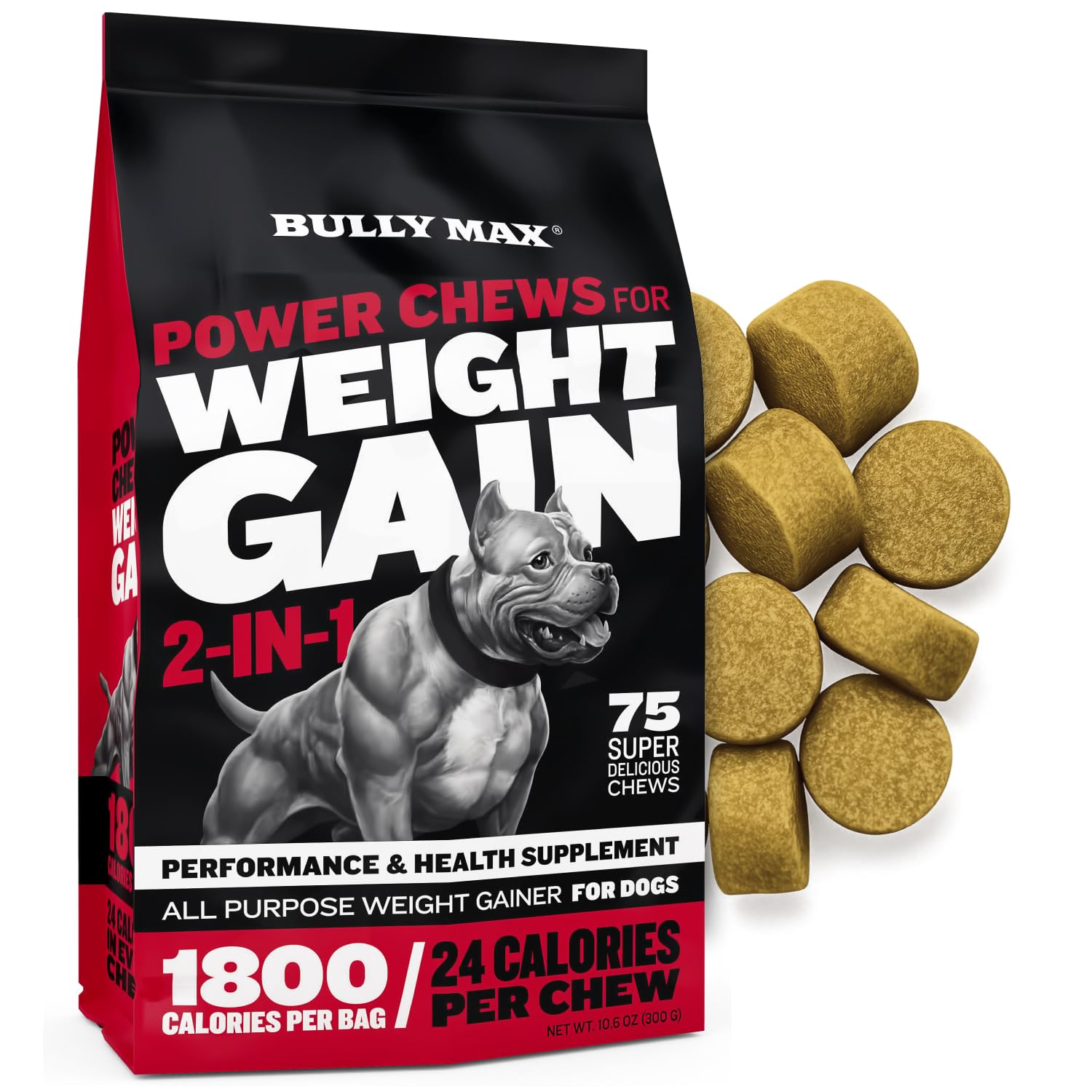 Bully Max Dog Weight Gainer Soft Chews for Puppies and Adults - High Calorie Dog Food Performance Supplements for Healthy Weight Gain, Immunity &