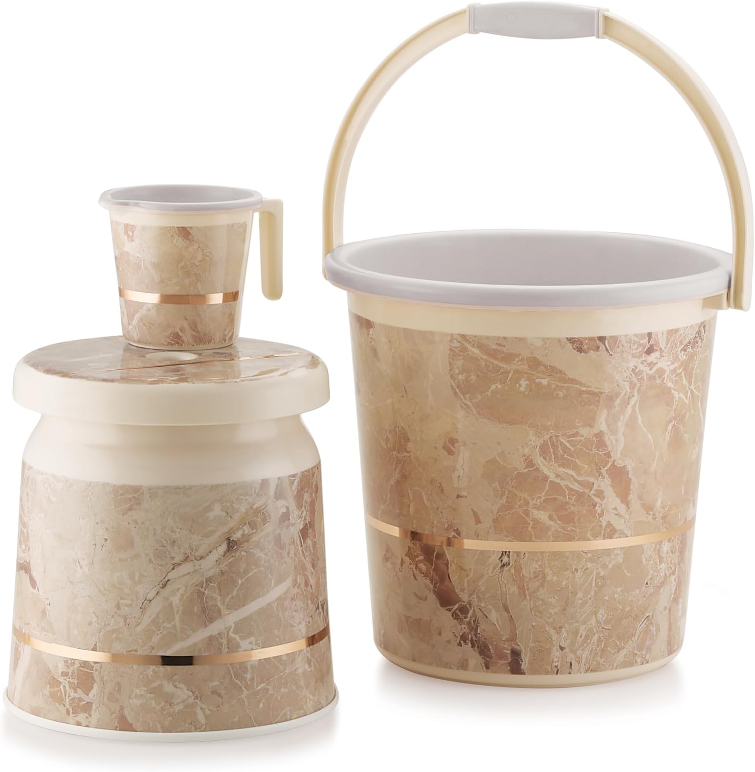 Liza-3 pcs Bathroom Accessories Set Plastic Bath Set Bathroom Bucket 20Ltr, Mug and Stool 3 Piece Combo Set for Home Bathroom Set (Orry 3 Beige R0450)