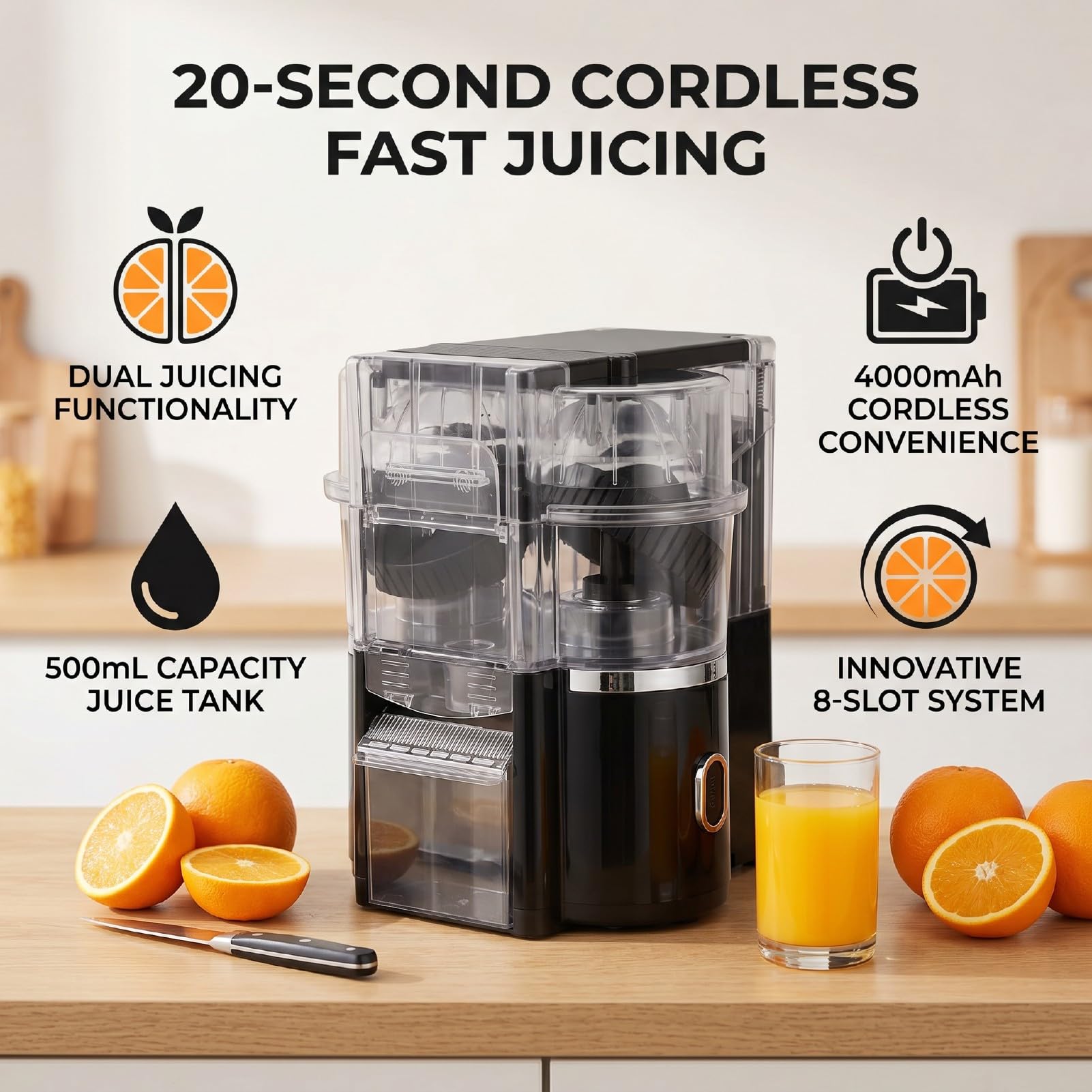 YUYTE Exprimidor de Cítricos Eléctrico Inalámbrico con 8 Ranuras, Capacidad de 500 Ml, Exprimidor Rápido de 20 Segundos para el Hogar, Cocina, Oficina, Extracción Doble de Frutas