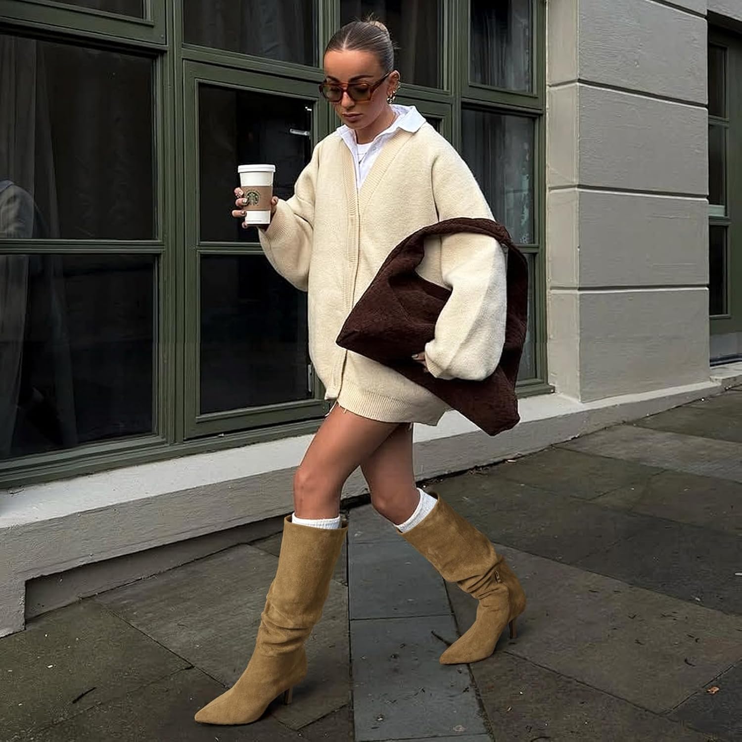 Lumeheel Knee High Boots for Women - Suede Ruched Women's Tall Boots with Pointed Toe Kitten Heel Pull On Zipper, Slouch Fashion for Fall Winter - Image 3