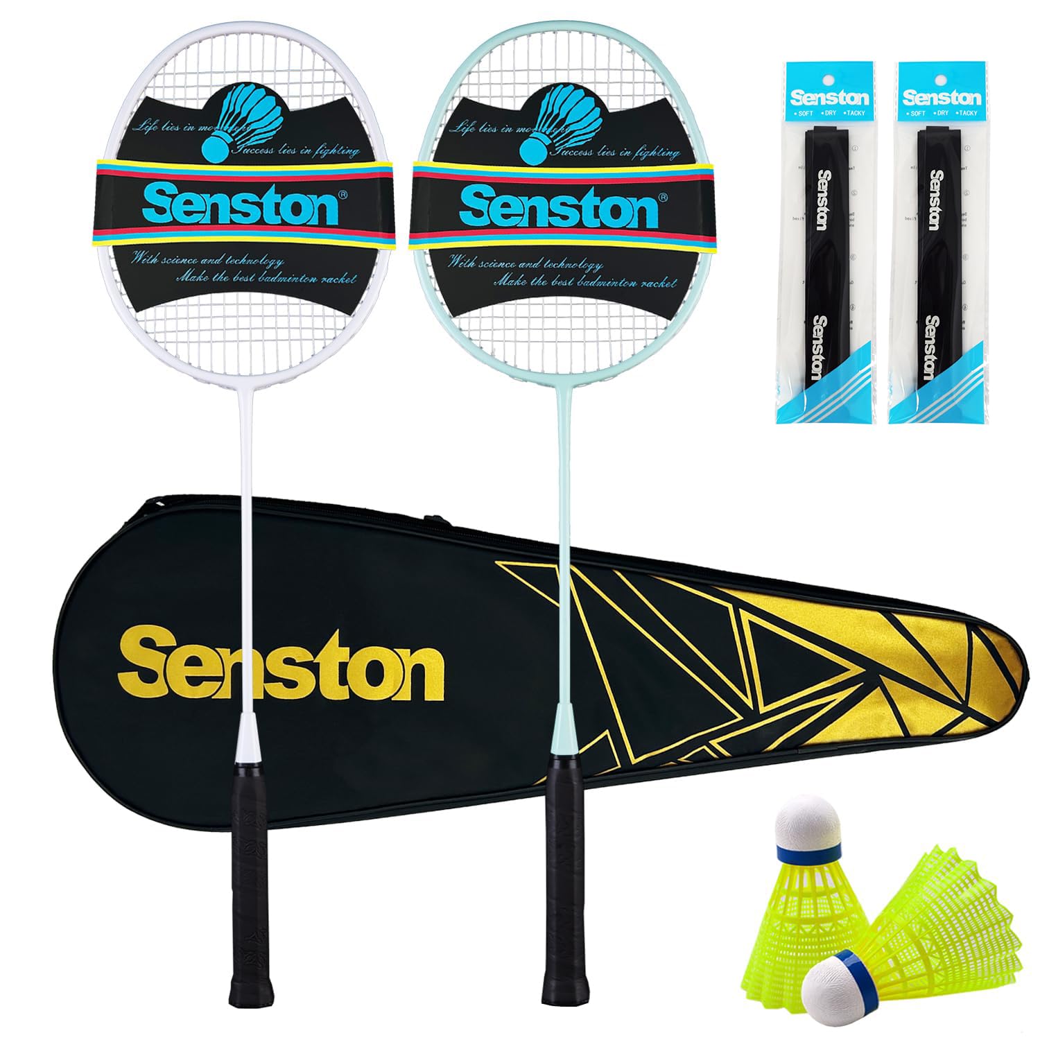 Badminton Rackets Set of 2 with Full Kit | Graphite Shaft Lightweight Rackets (2U 90g), 2 Nylon Shuttlecocks, 2 Non-Slip Grips & Carry Bag | Beginner Tennis Badminton Combo for Family