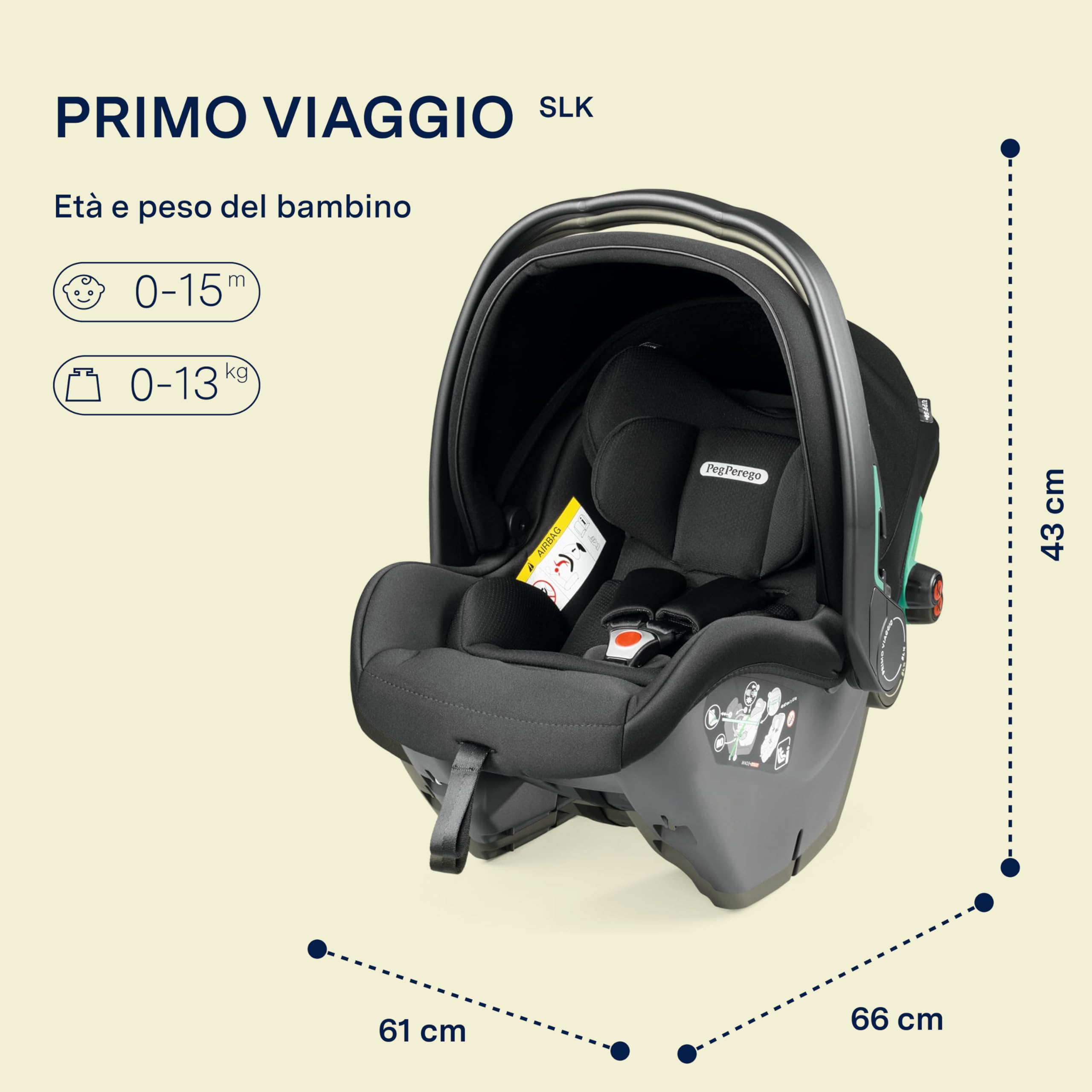 PEG Primo Viaggio SLK - Seggiolino Auto Neonato ISOFIX (40-87 cm), 0-15 Mesi, 0-13 kg, Premiato nei Crash Test, Capottina UPF 50+, Seduta Imbottita, Protezioni Laterali, Onyx