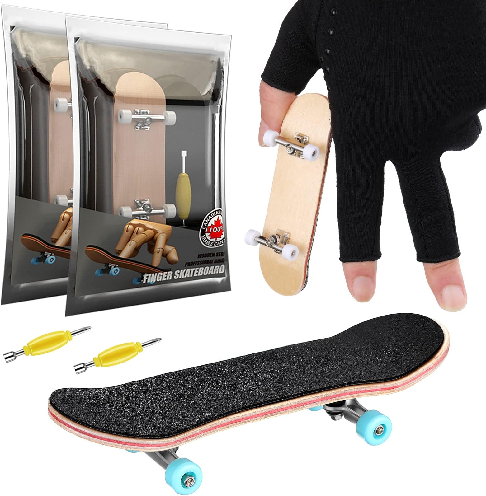 2 Pieces Wooden Finger Skateboard Park Mini Finger Boards Toy Professional Skateboard with Mini Screws Driver Fingertip Movement Novelty Toys for Teens and Adults