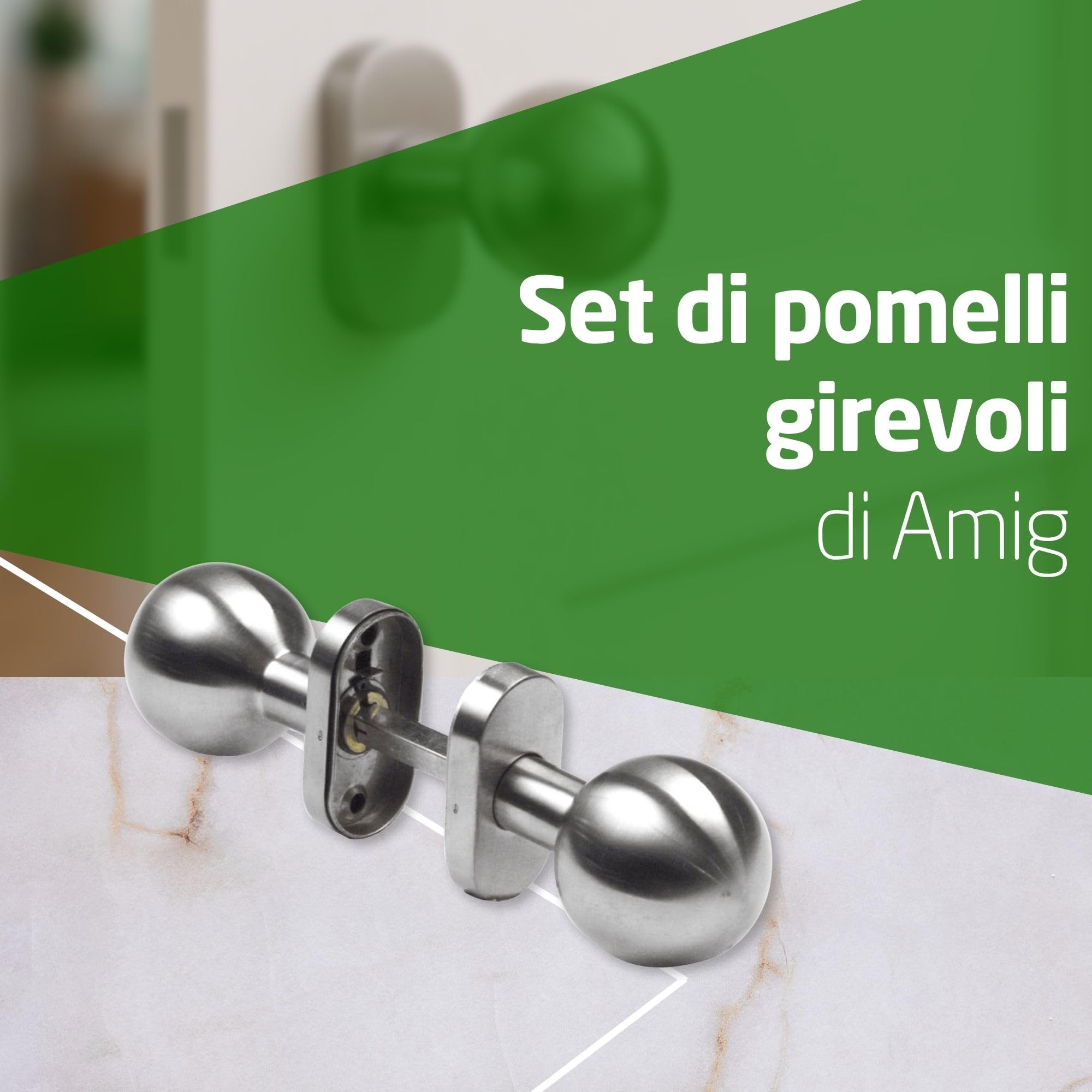Amig - Pomolo Girevole per Porta Mod.11ALGR - Set di Pomoli con Rosetta, Impugnatura Ergonomica e Viti Antieffrazione - Ø62 x 77 mm - Acciaio Inox 18/8 - Satinato