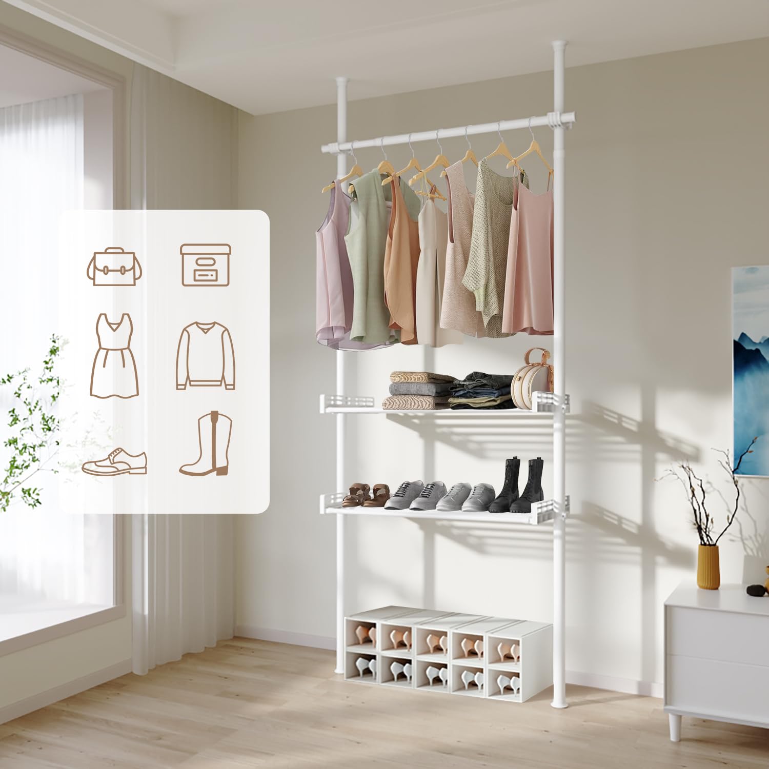 突っ張り伸縮ハンガーラック ナチュラル×ホワイト [8270] ♡ 突っ張り伸縮ハンガーラック ナチュラル×ホワイト [8270]