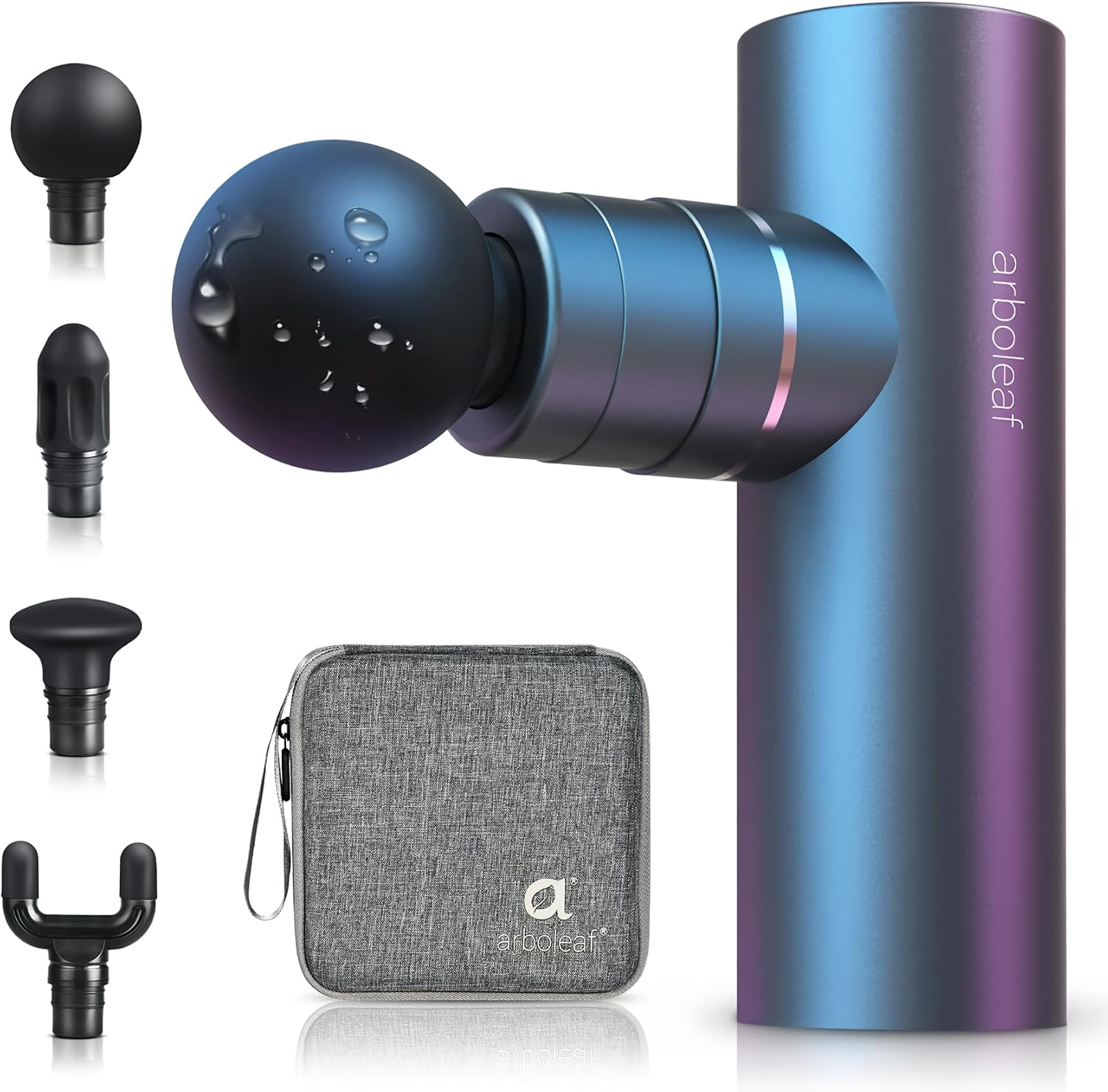 arboleaf Pistola de Masaje Muscular Eléctrica Masajeador Pistola Masaje Mini para Aliviar el Dolor Muscular, 3200rpm, 4 Cabezals de Masaje de Silicona, 2x2000 mAh Baterías, Carga Tipo-C con Bolsa ClimeCo Certified