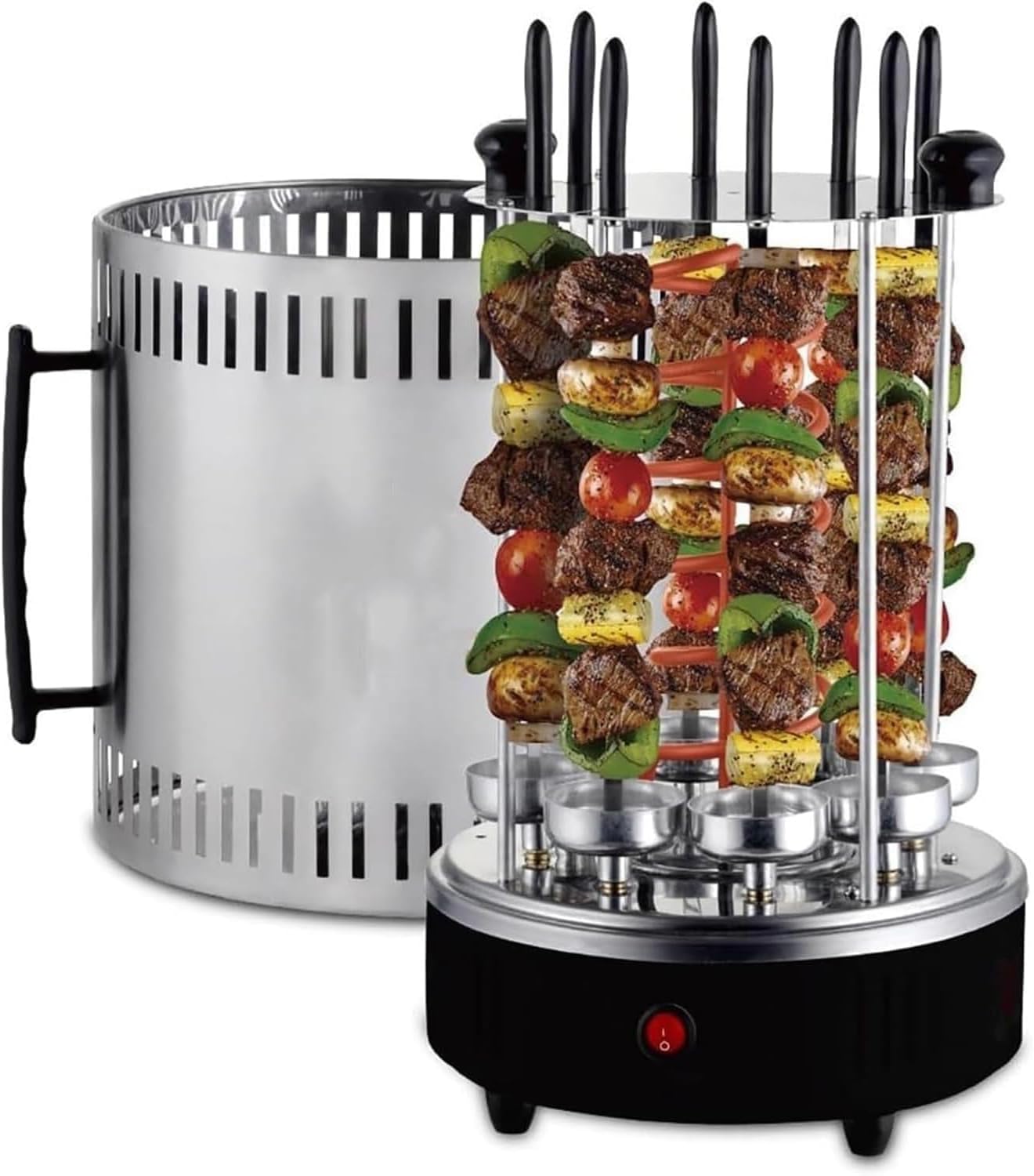1500W Electric Rotisserie Grill - Fully Automatic Vertical Shawarma Machine with 8 Grilling Forks & Oil-Receiving Cup for BBQ Cooking