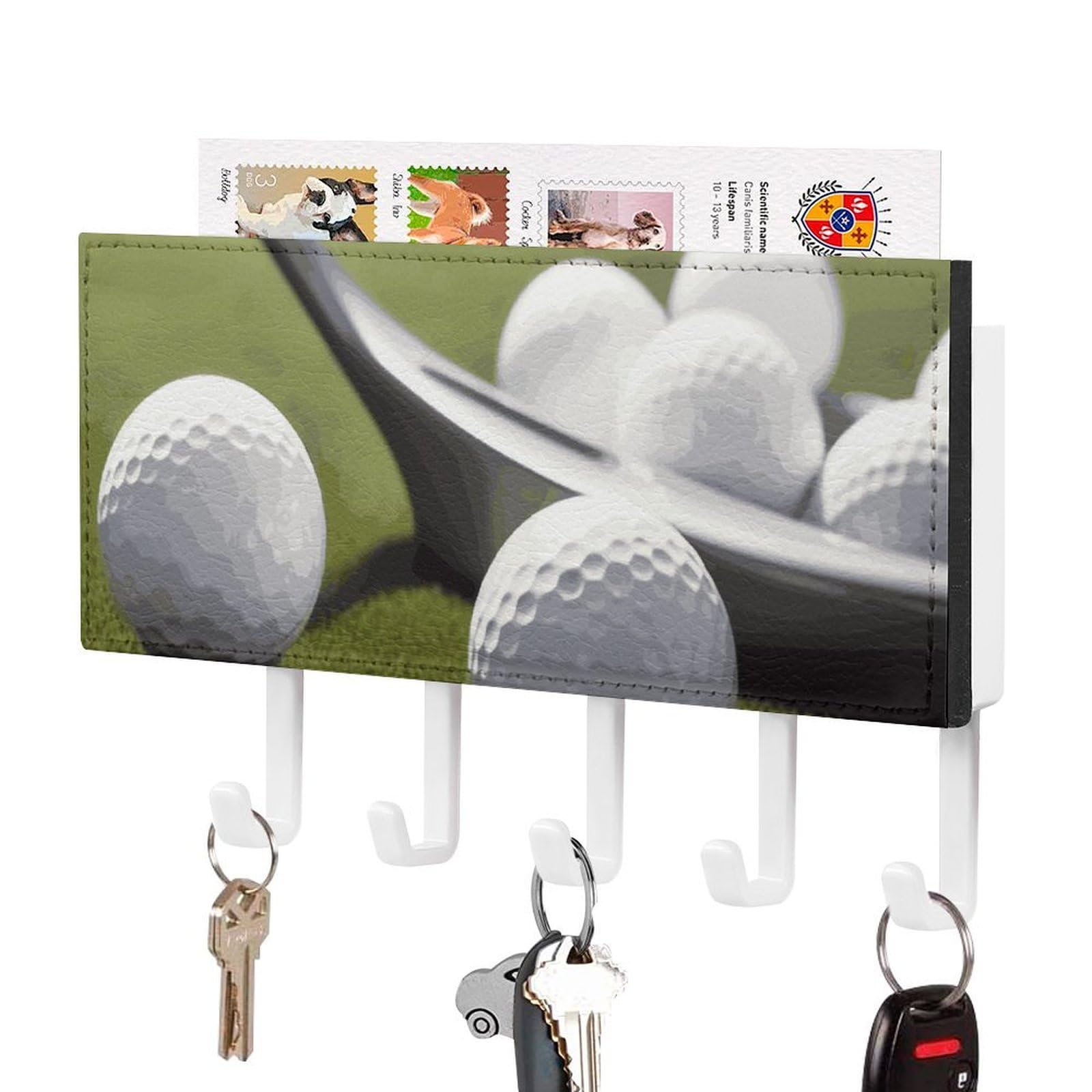 JTREHY Golf Holder Wall-Mounted Key and Mail Holder,Key Rack with 5Keys Hooks, Easy to Install Mail Organizer for Entryway, Front Door, Hallway, Office