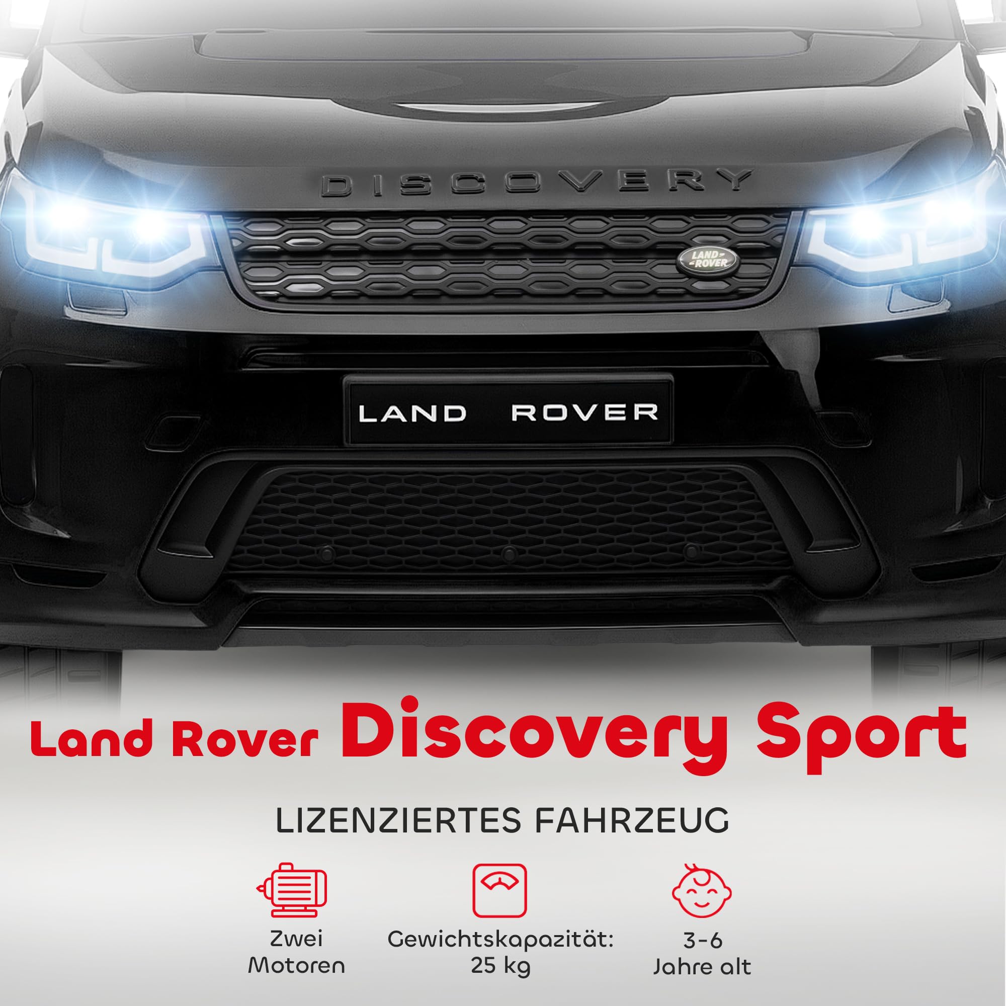 AIYAPLAY Land Rover Discovery Sport Kinderauto 12V für Kinder 3-6 Schwarz | Kinder Elektroauto, 2,4G Fernbedienung, Musik, Hupe, Elektrofahrzeug mit LED-Lichtern, USB/MP3-Anschluss, 3-5 km/h