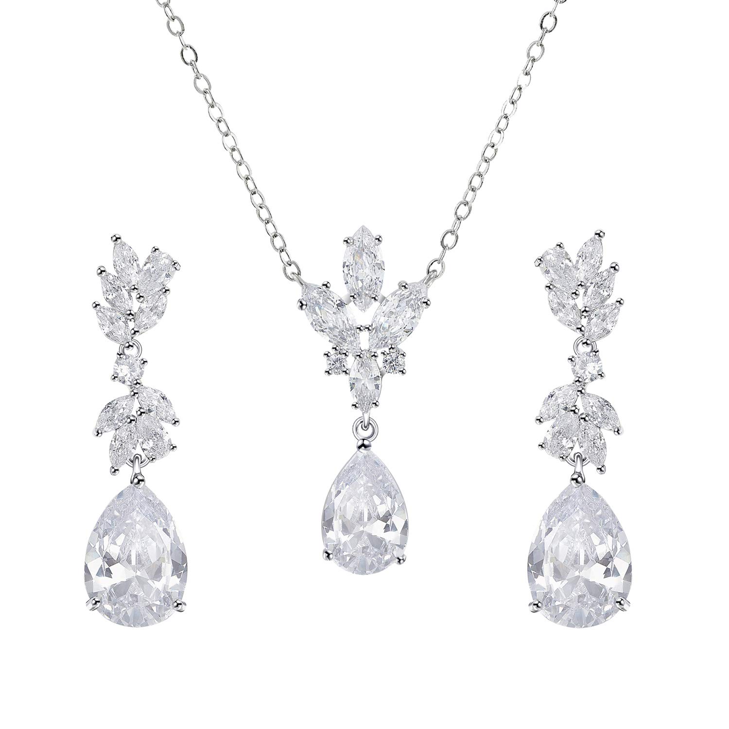 SWEETV Teardrop Wedding Bridal Jewelry Set for Brides Bridesmaid, Silver Crystal Pendant Necklace Drop Dangle Earrings Set for Women (B08DR6K58B) Amazon Price History, Amazon Price Tracker
