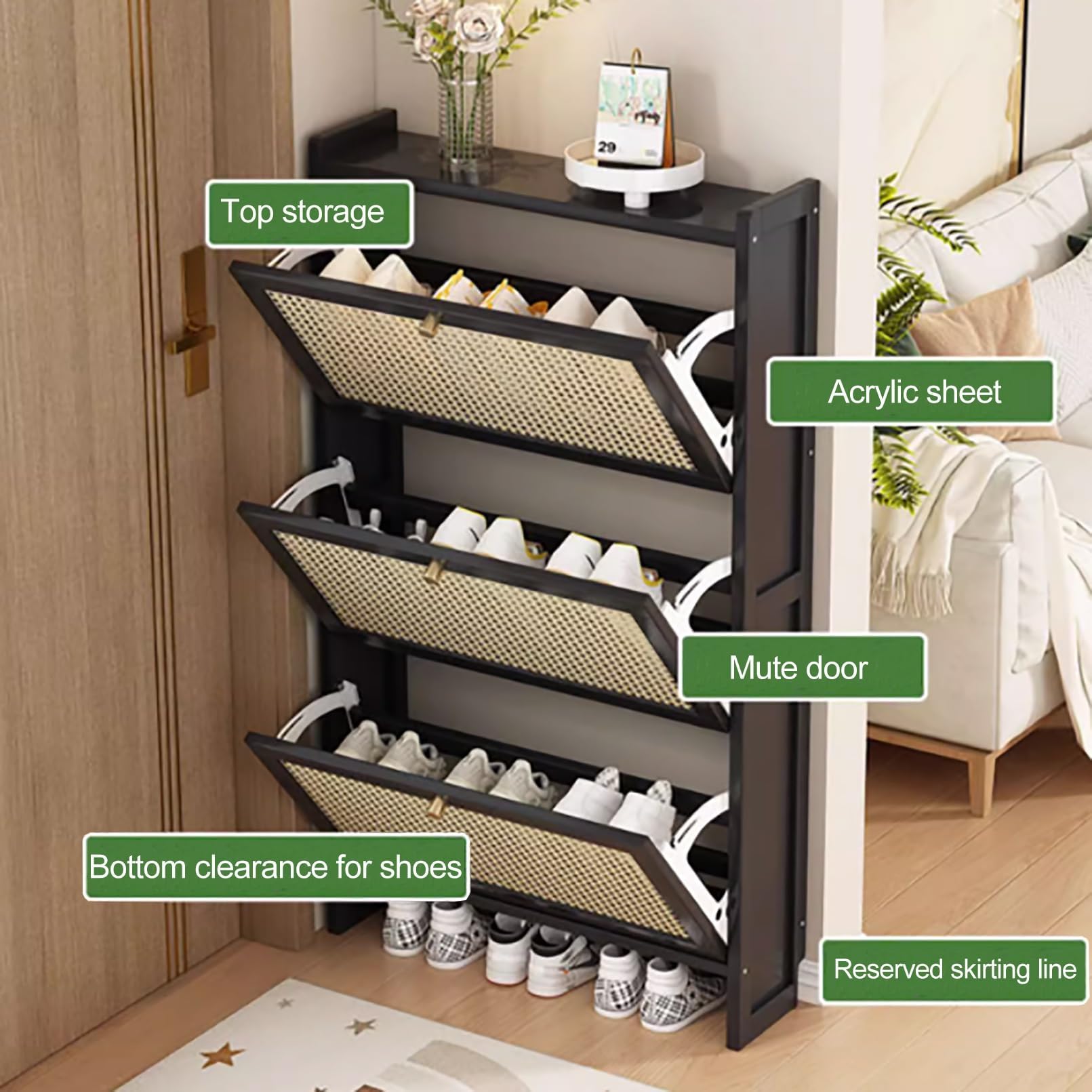 Moderno zapatero de entrada de madera independiente con puertas, diseño delgado para almacenamiento oculto en el pasillo, elegante organizador para colección de zapatos