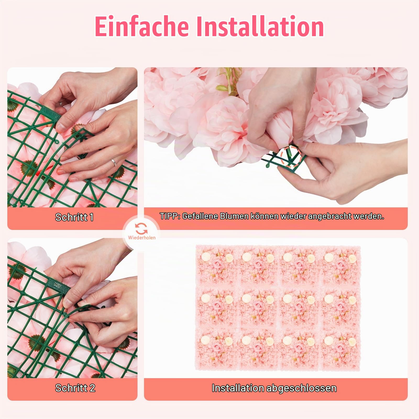 12 Stück Künstliche Blumen Wand aus Kunststoff und Seidengewebe, 3D Künstliche Blumen-Wandpaneel Rosen Deko Blumen, 38 x 38 cm Rosa Blumen Wand Dekor für Dekoration Hochzeit Party (5K)