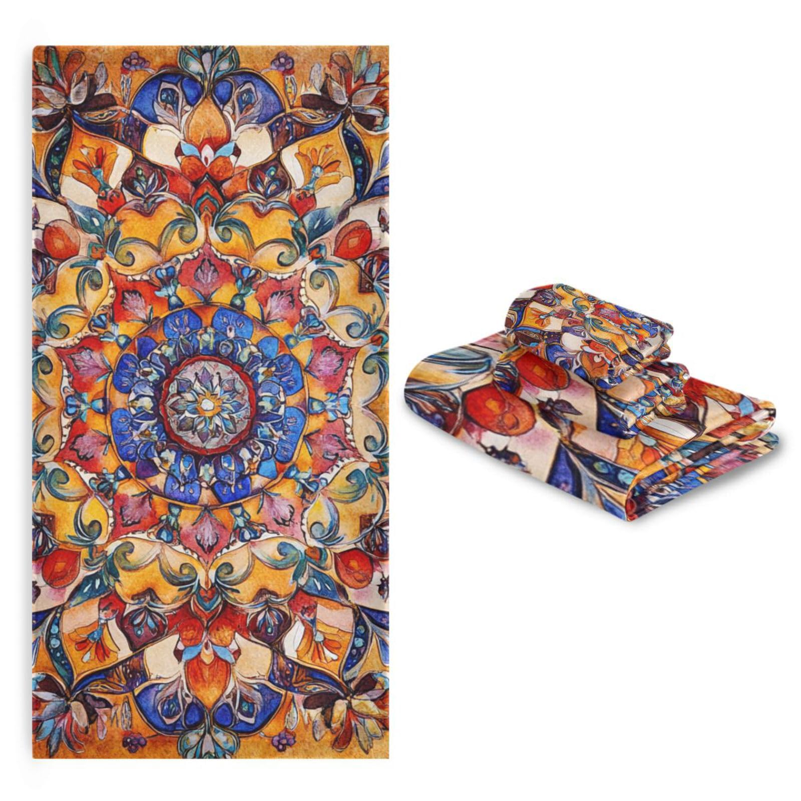 Bohema wzór boho vintage mandala czyszczenie ręczników do twarzy zestaw 3 sztuk, 1 ręcznik kąpielowy 1 ręcznik do rąk 1 myjka do kuchni łazienki jogi siłowni