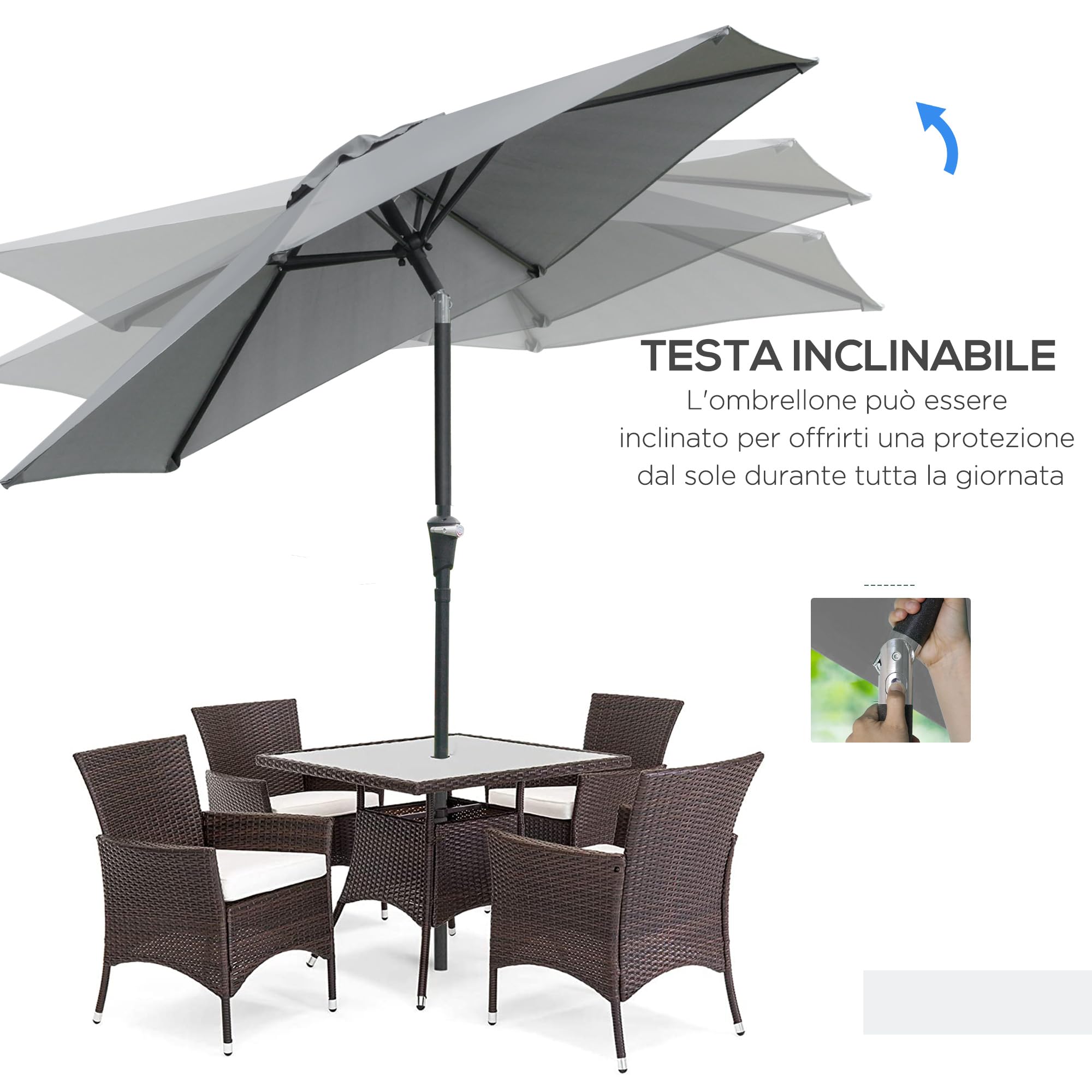 Outsunny Ombrellone da Giardino Inclinabile 2.3x2 m in Poliestere 180g/m², Ombrellone per Esterno da Terrazzo e Patio con Apertura a Manovella, Palo in Metallo e 6 Stecche,