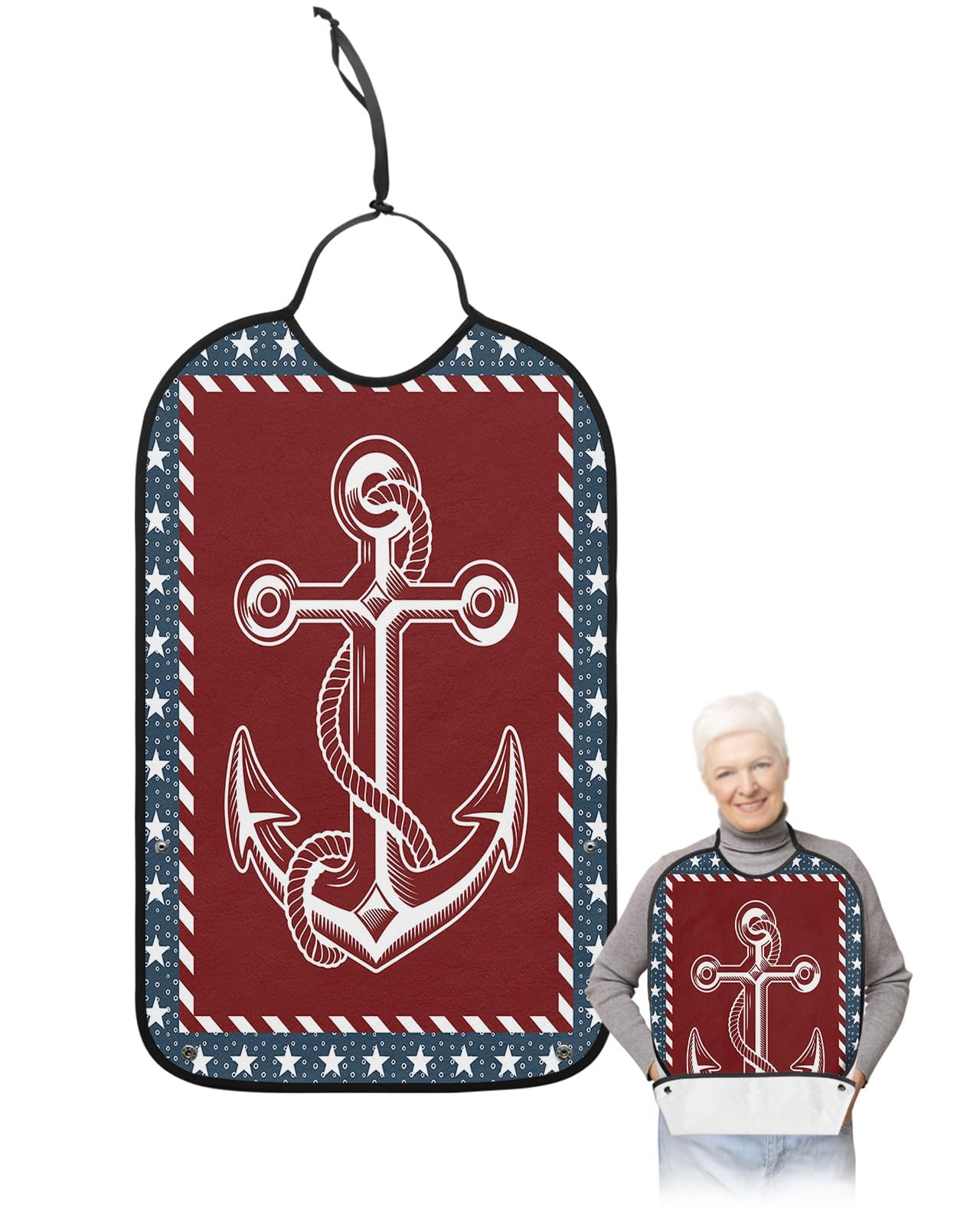 4th of July Adult Bibs for Eating, Waterproof Bibs with Food Catcher & Adjustable Snap Closure, Independence Day Ocean Navigate Anchor Washable Clothing Protectors Adult Bibs for Elderly Women/Men