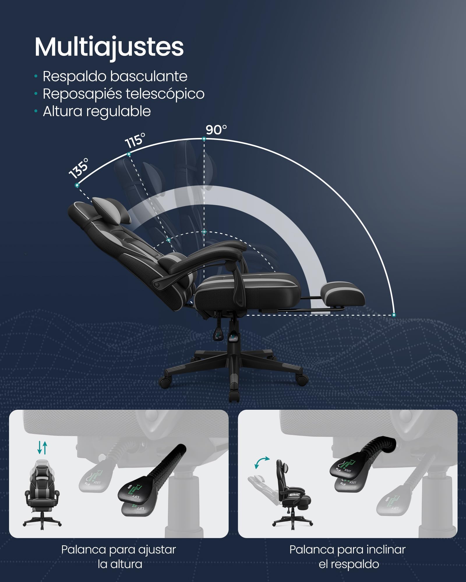 SONGMICS Silla de Oficina, Silla Gaming Ergonómica, con Reposapiés Telescópico, Respaldo Ajustable, Reposacabezas y Soporte Lumbar, Carga de 150 kg, Negro Tinta y Gris Paloma OBG073B03