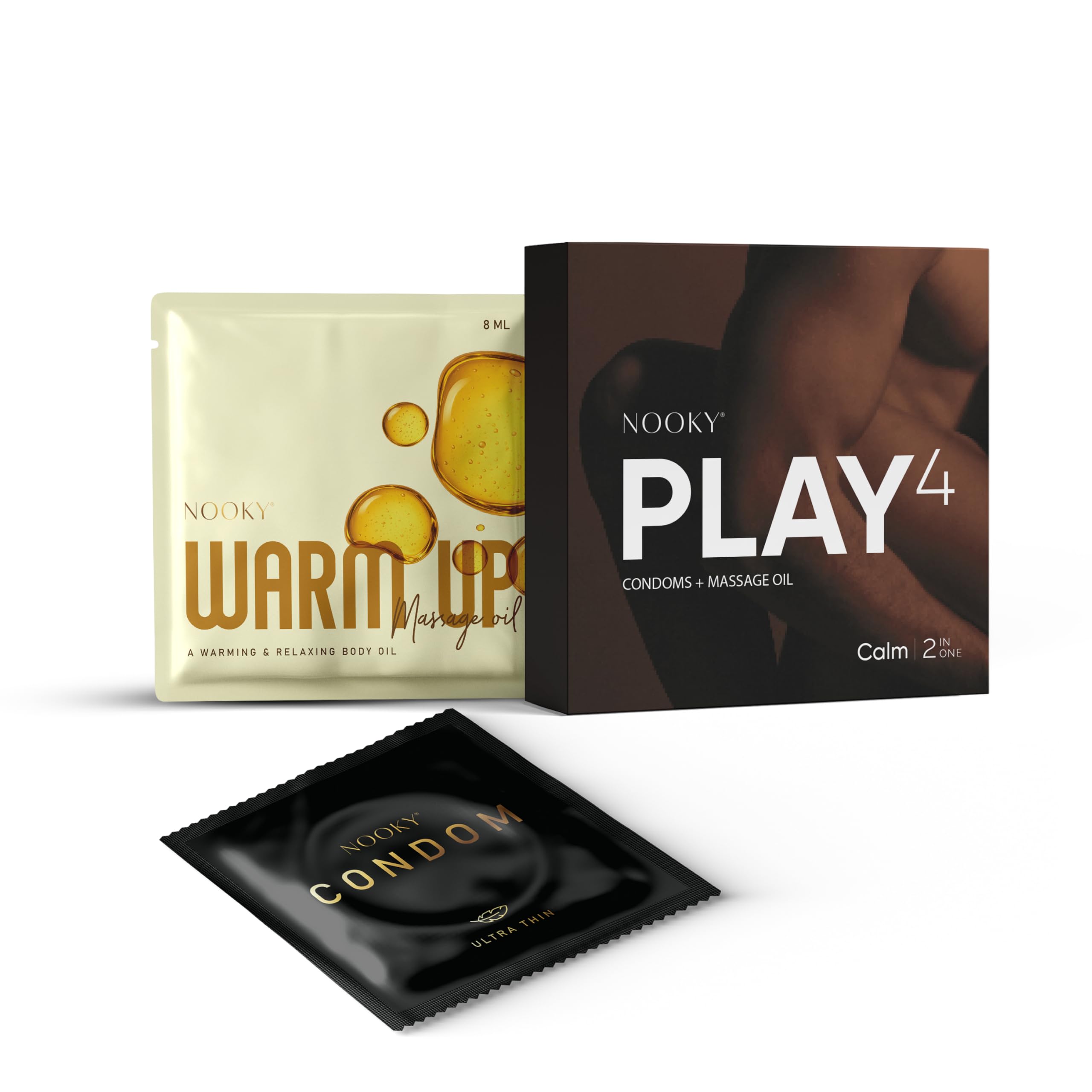NOOKY Calm 2-in-1 Condom Kit | 2 Ultra Thin Condoms + Aromatic Massage Oil | Compact Wellness Kit for Couples | Travel-Friendly Pack