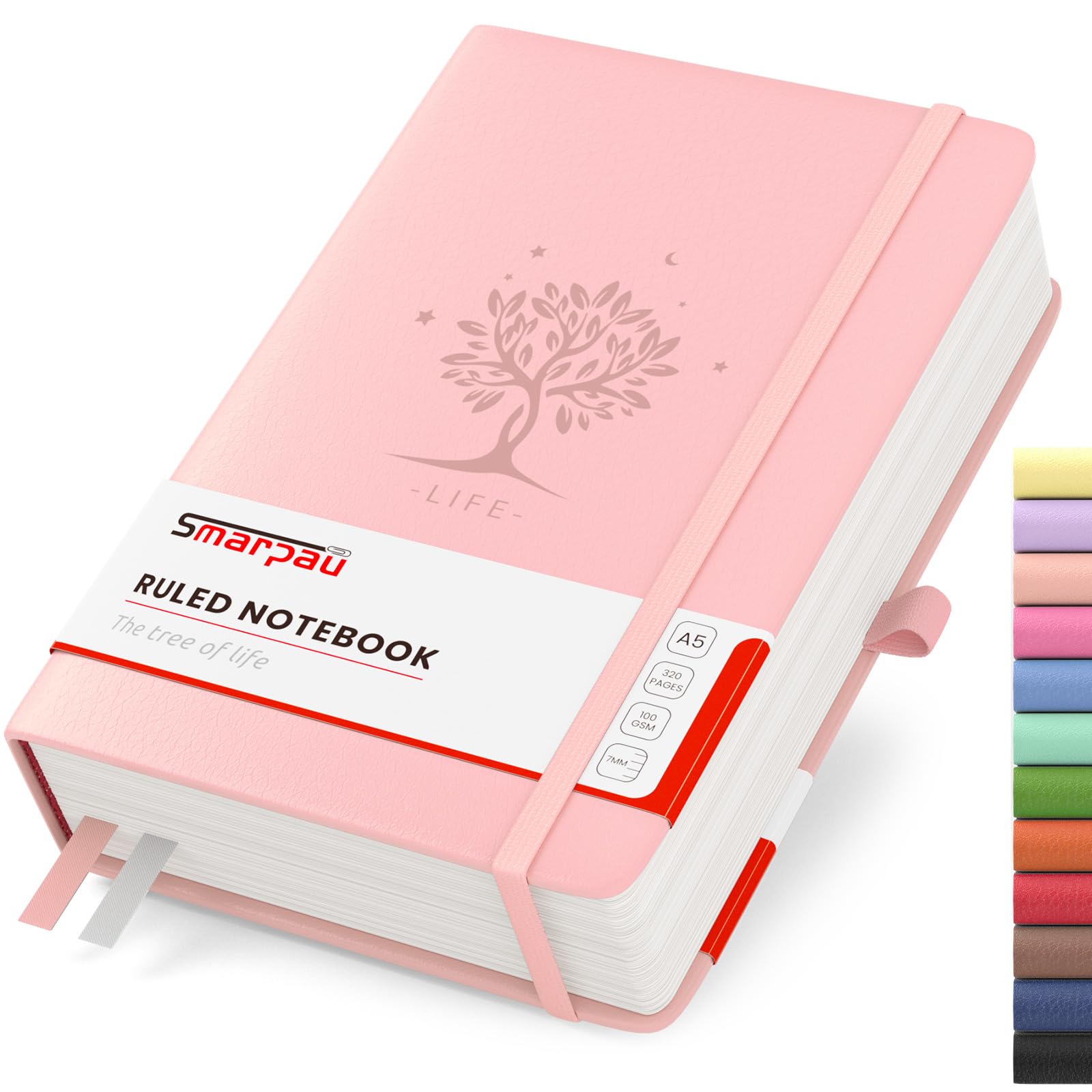 Smarpau Notebook A5-320 Pages Hardcover Leather Journal Notebook, 100gsm Thick Paper, College Ruled Lined Journals for Women Men Writing School Office, 14.5 x 21cm - Pink