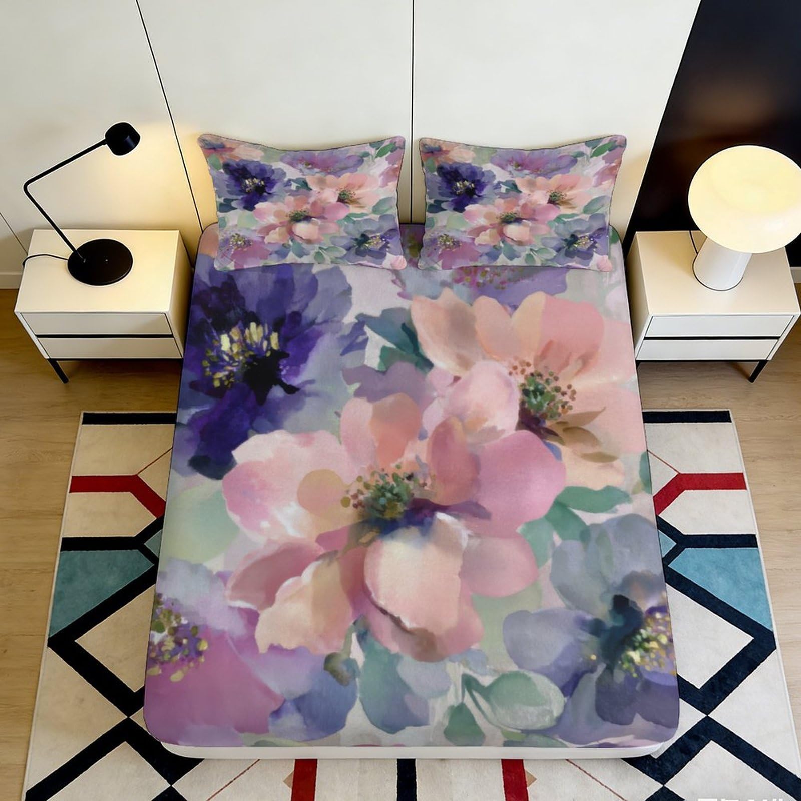 3D Printed Watercolor Floral Fitted Sheet Microfiber Soft Pastel Blossom Bed Sheet for Bedroom Dorm Mattress Protection Decor 90x200x25cm