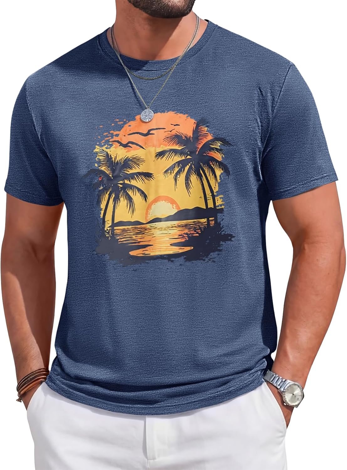 Runcati Mens Short Sleeve T-Shirts Crew Neck Casual Graphic Shirt Summer Beach Palm Tree Sunset Printed Vintage Hawaiian Tees