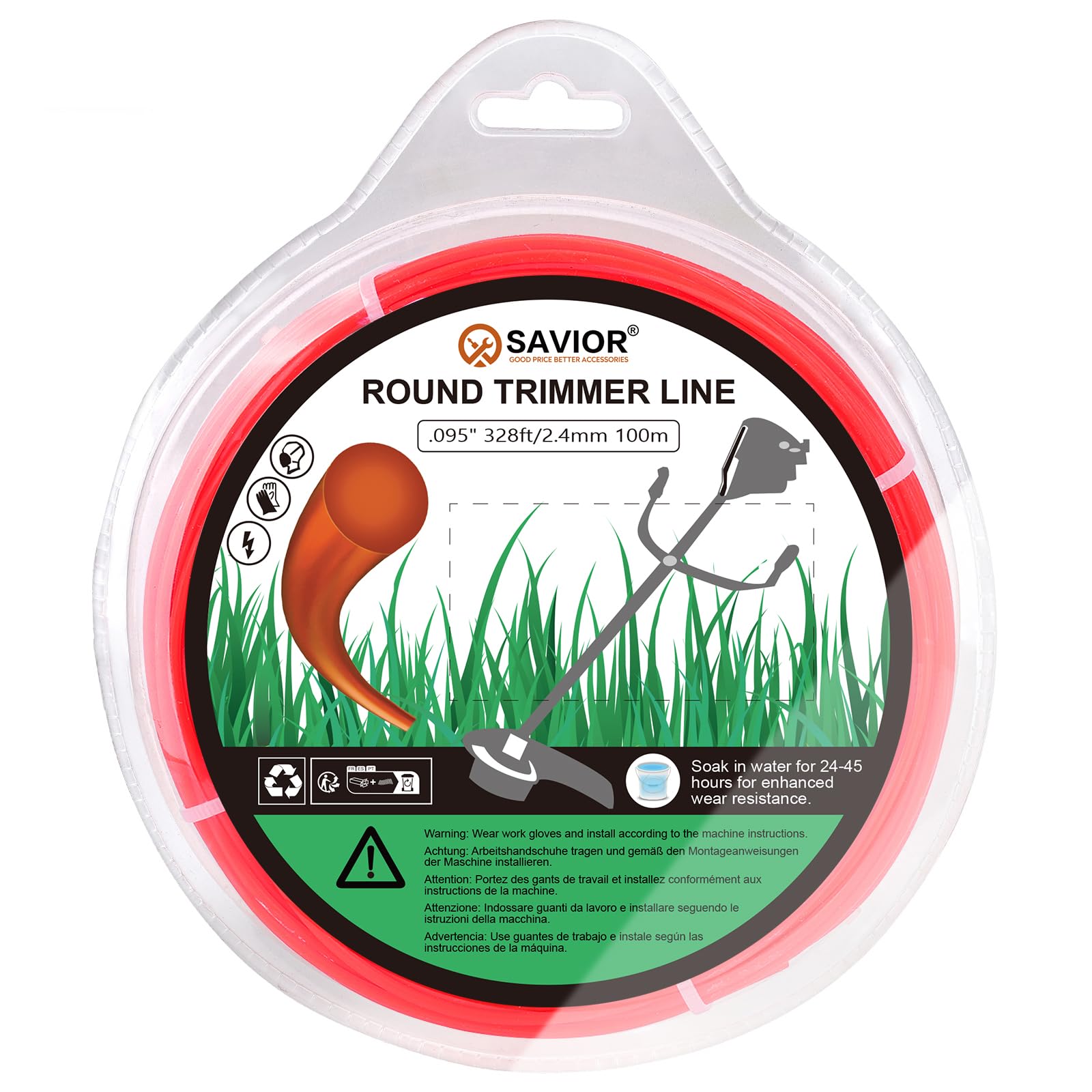 Hilo para desbrozadora SAVIOR de 2,4 mm x 100 m, hilo de corte de 2,4 mm, hilo de nylon para desbrozadora, bobina de hilo para desbrozadora, hilo para desbrozadora de césped y maleza, 2,4 mm (0,095