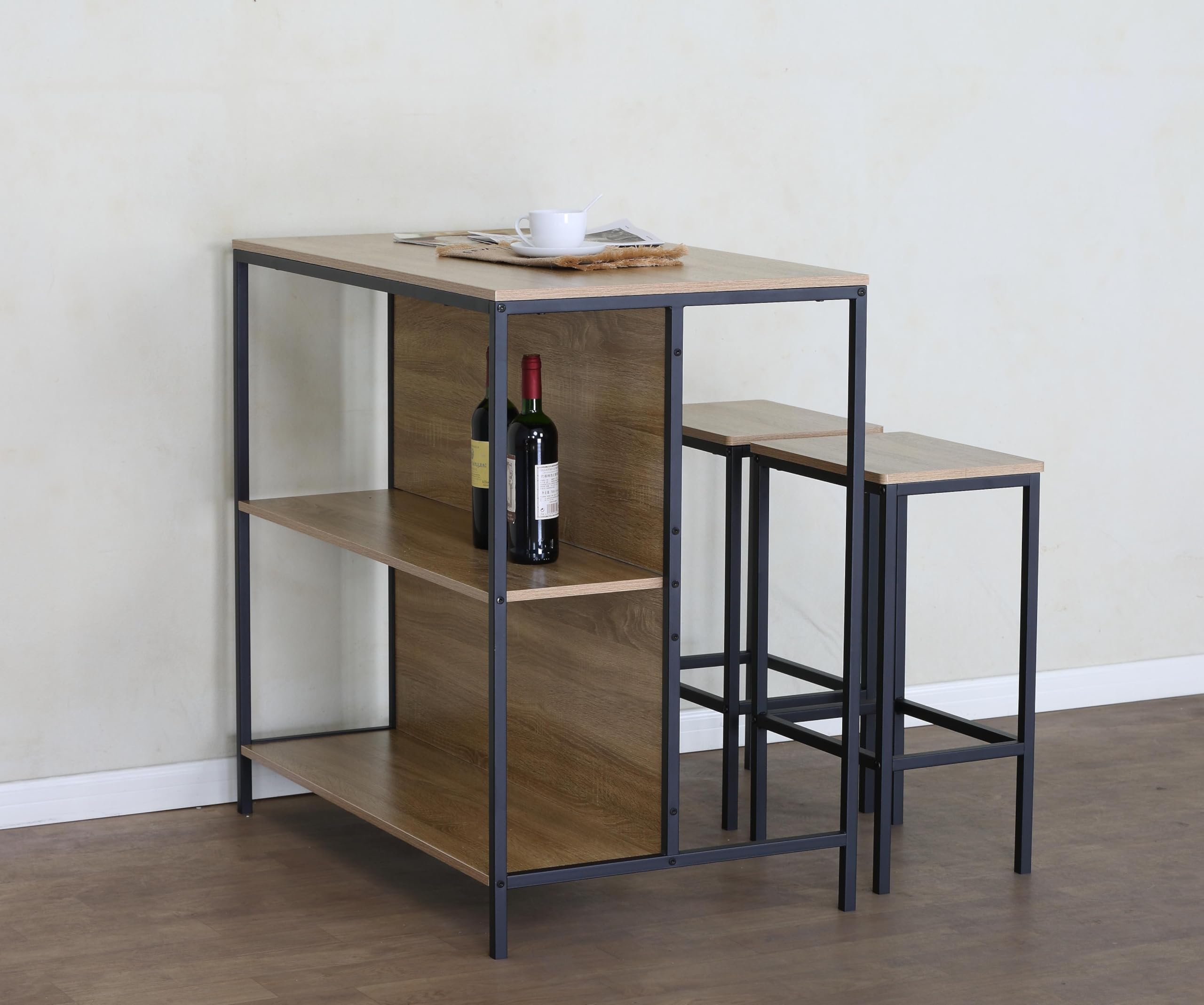Buyqualia - Set de Mesa Alta con 2 Taburetes y Estantería Lateral 95x100x60 cm – Conjunto de Barra de Cocina, Comedor o Salón, Mesa Alta con Almacenaje