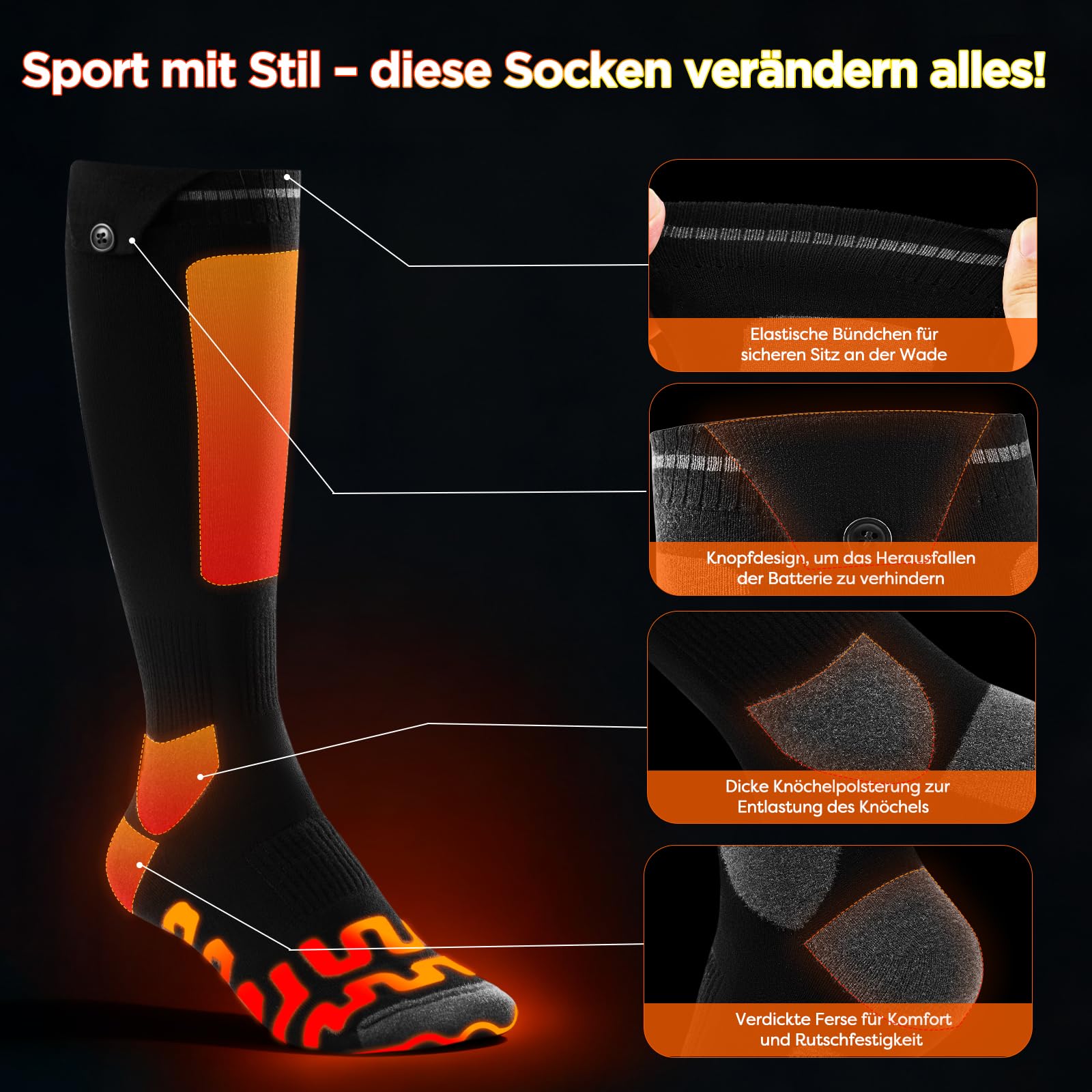 Beheizbare Socken, Beheizte Socken Damen Herren, die Lösung für Maximale Heizfläche im Jahr 2025 5V 6000 mAh Wiederaufladbare Heizsocken für Skifahren, Outdoor, Camping, Wandern