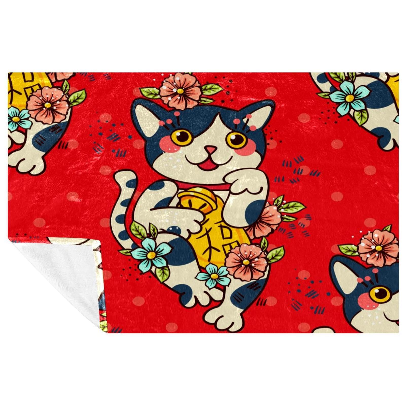 Couverture Maneki Neko pour lit et canapé : plaid japonais doux 150x100 cm